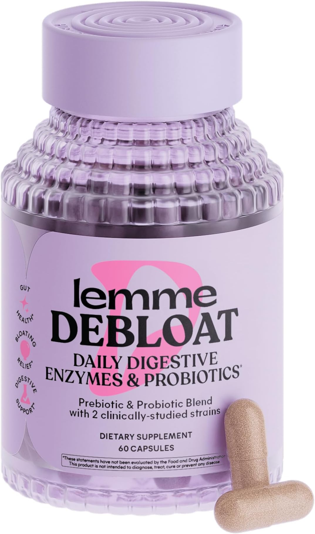 Lemme Debloat 3-in-1 Prebiotic, Probiotic & Digestive Enzyme Capsules for Bloating & Gas Relief - 2 Clinically Studied Probiotics w/5 Digestive Enzymes to Improve Digestion, Women & Men, (60 Count)