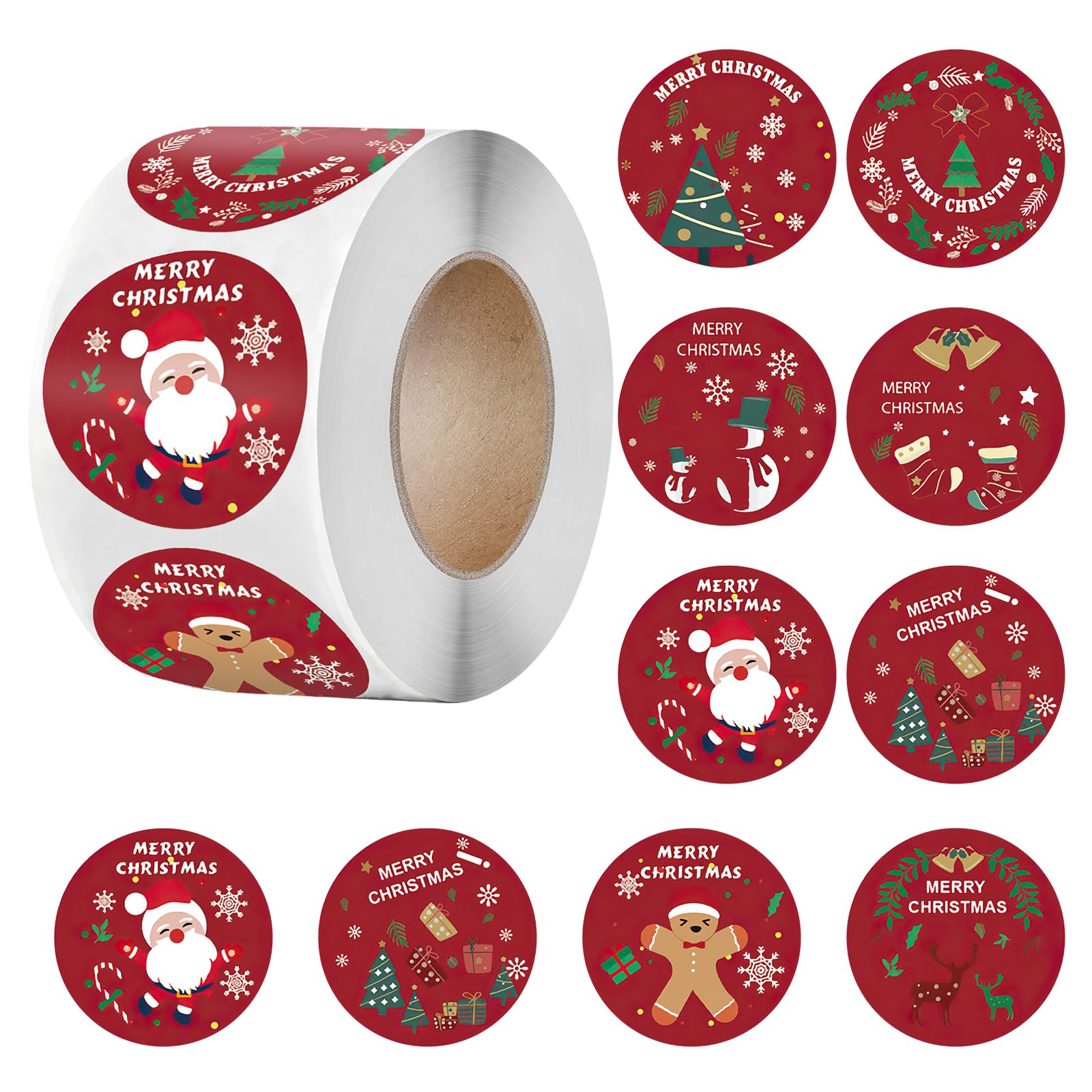 Wlleoaa Red 500Pcs Round Christmas Sticker, Christmas Stickers Roll, Xmas Envelope Sealing Sticker, Xmas Tags Gift Labels Stickers, For Card Making Sealing Envelopes Wrapping Presents Party Decoration