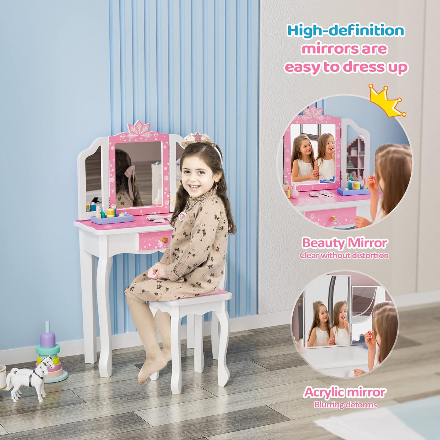 JOYMOR Kids Vanity Set, Wooden Princess Makeup Table with Stool, Tri-Folding Mirror, Large Drawer, Solid Wooden Legs, Beauty Make Up Dressing Set for Girls Best Gift (Pink)