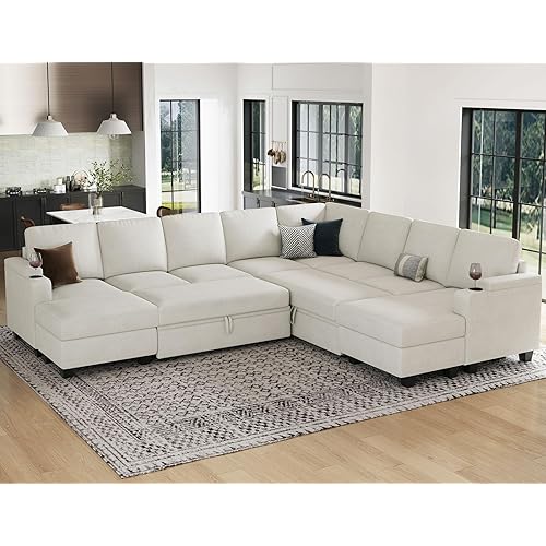 Belffin Oversized Sleeper Sofa U Shaped Modular Sectional Couch with Double Storage Chaise Convertible Sofa Bed. White Couch