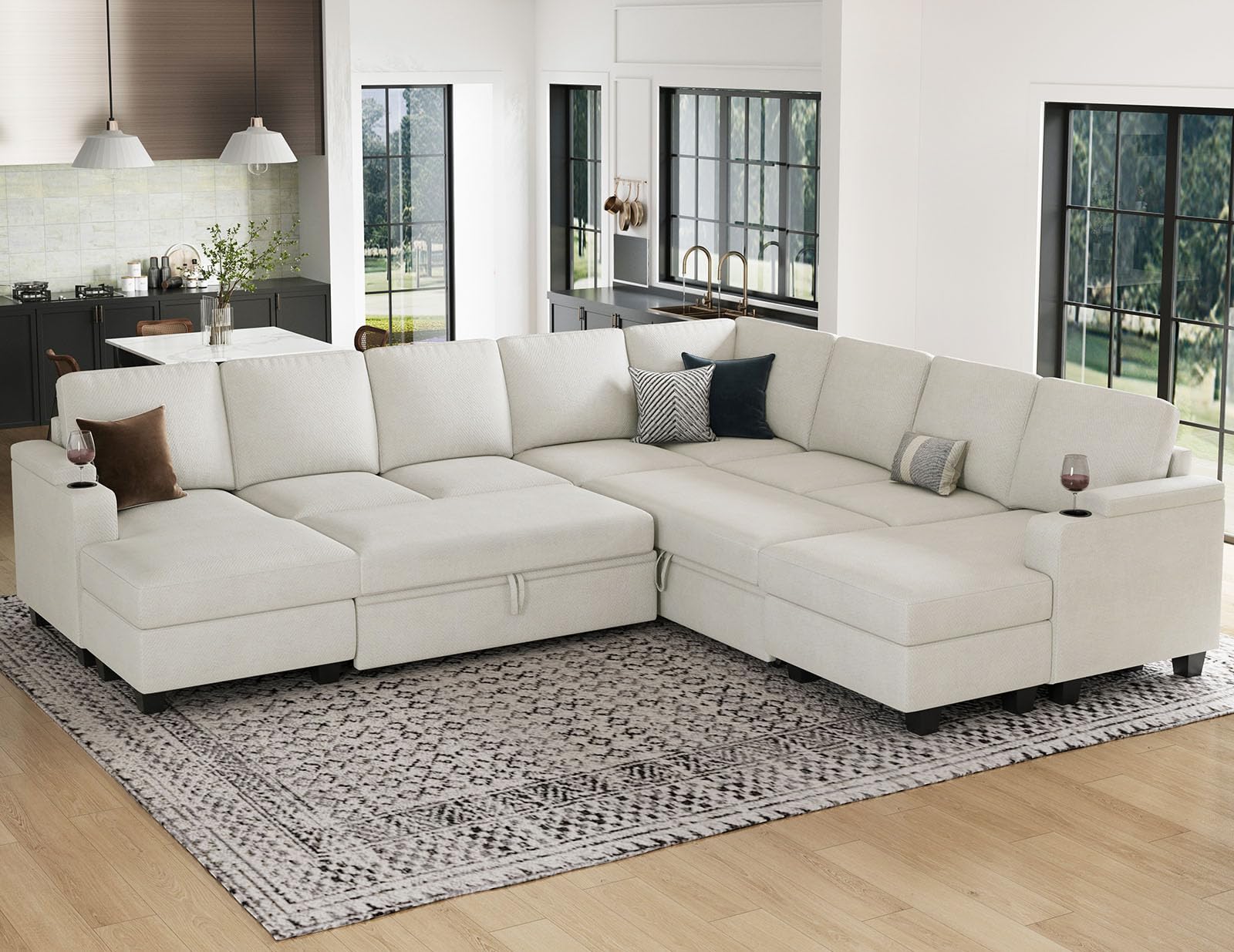 Belffin Oversized Sleeper Sofa U Shaped Modular Sectional Couch with Double Storage Chaise Convertible Sofa Bed. White Couch