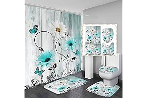 AAtter 4 Piece Teal Turquoise Shower Curtain Set Aqua Floral Blue White