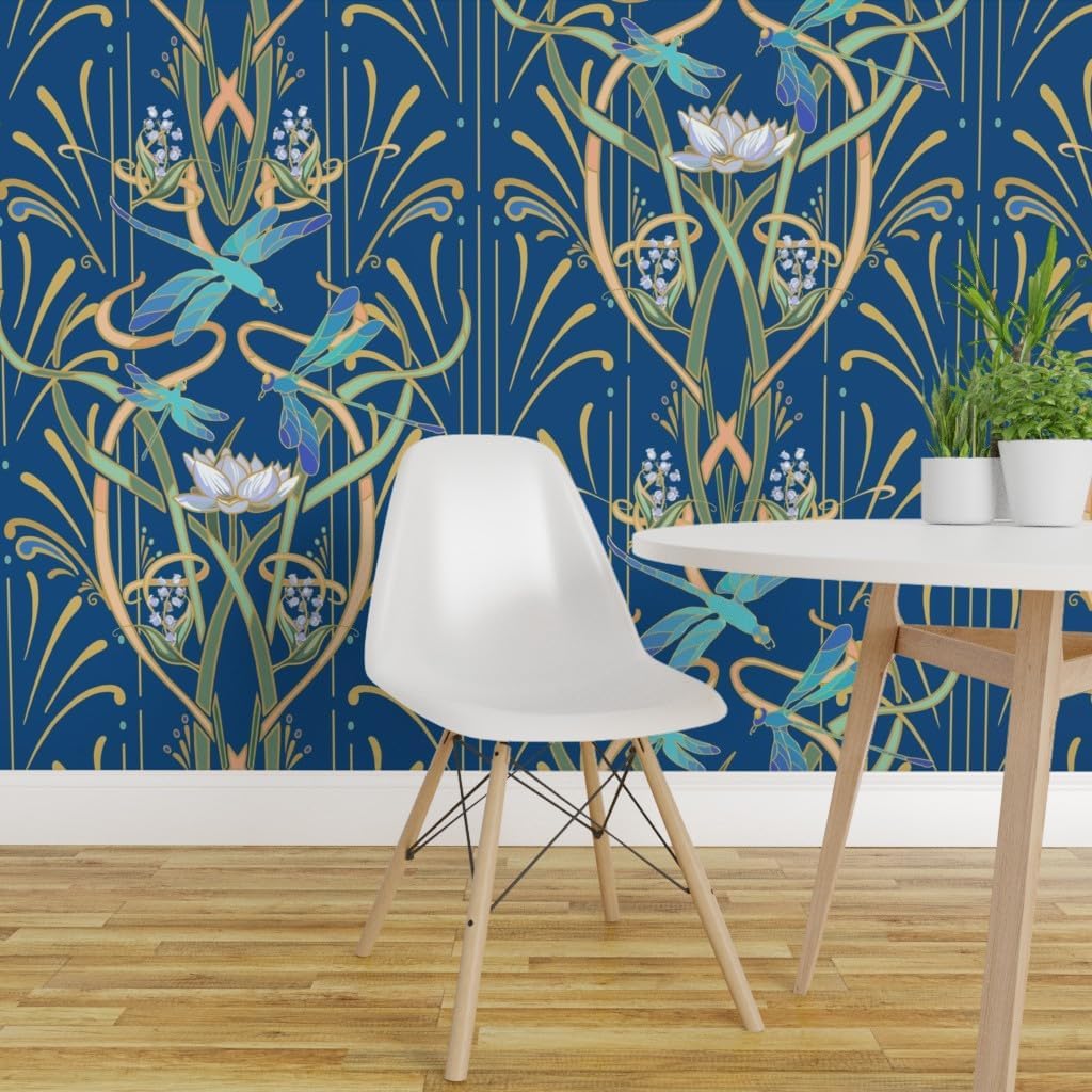 Spoonflower Removable Wallpaper 3ft x 2ft - Art Nouveau Dragonflies Classic Blue Classy Deco Custom Pre-Pasted Wallpaper