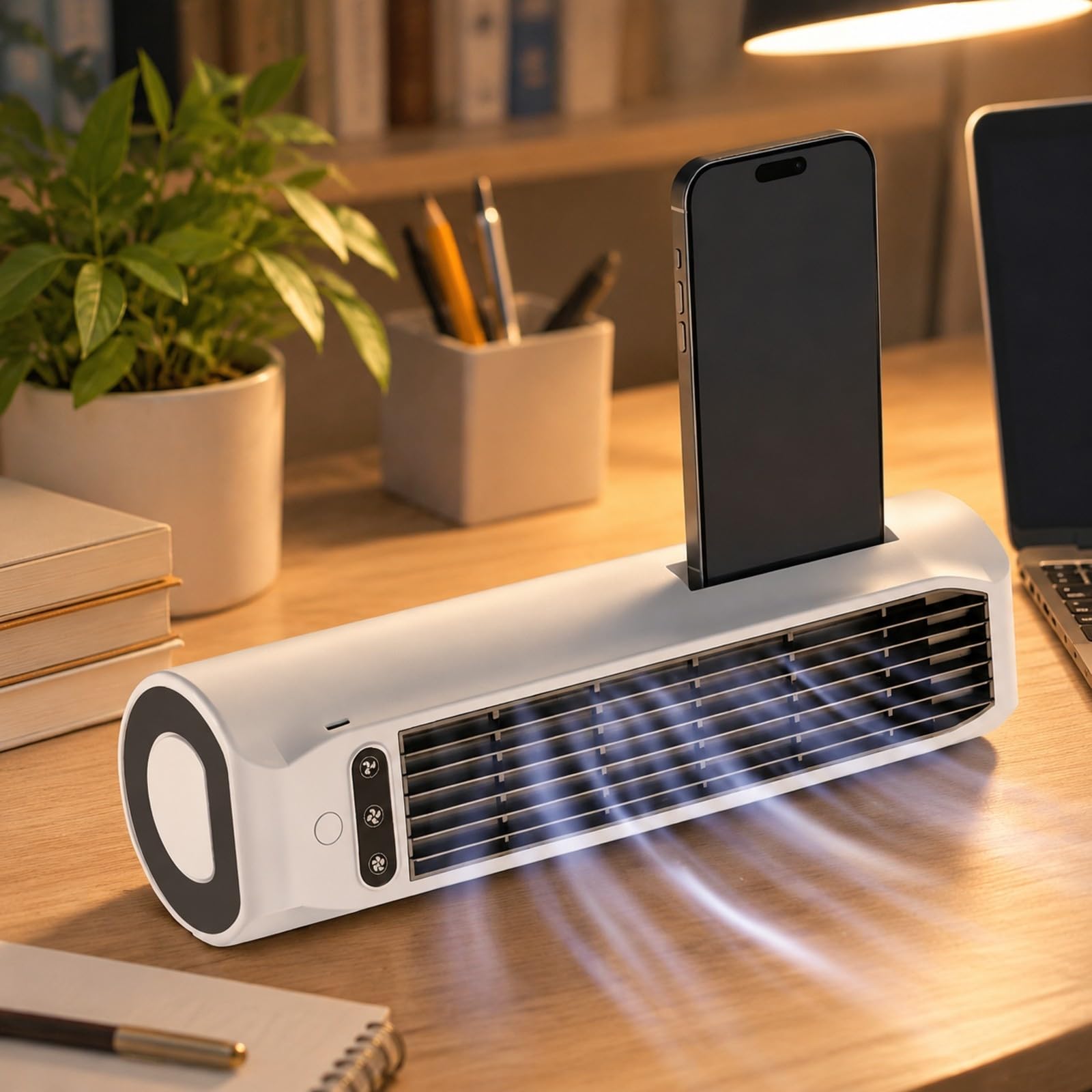 MERIGLARE Ventilateur Tr Pale Rechargeable USB Ventilateur Support Téléphone Compact pr Chambre, Cuisine