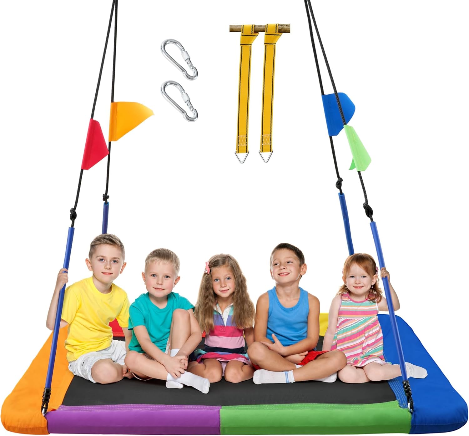 PACEARTH Tree Swing Rectangular Swing Set for Kids and Adults Heavy Duty Support 900LBS with Foam Protected 8-Strand Ropes and Thickened Hardware Easy to Install Outdoor, Colorful with Flags