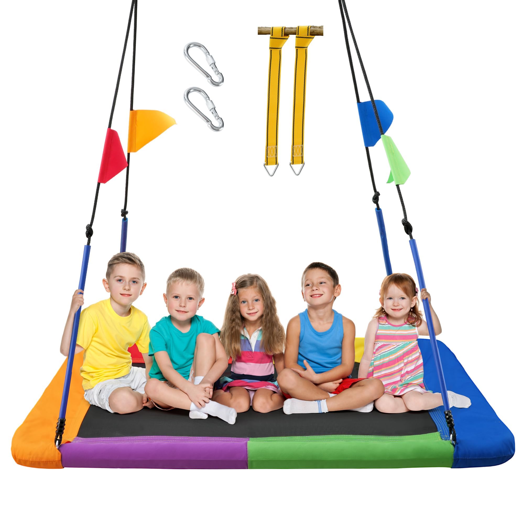 PACEARTH Tree Swing Rectangular Swing Set for Kids and Adults Heavy Duty Support 900LBS with Foam Protected 8-Strand Ropes and Thickened Hardware Easy to Install Outdoor, Colorful with Flags