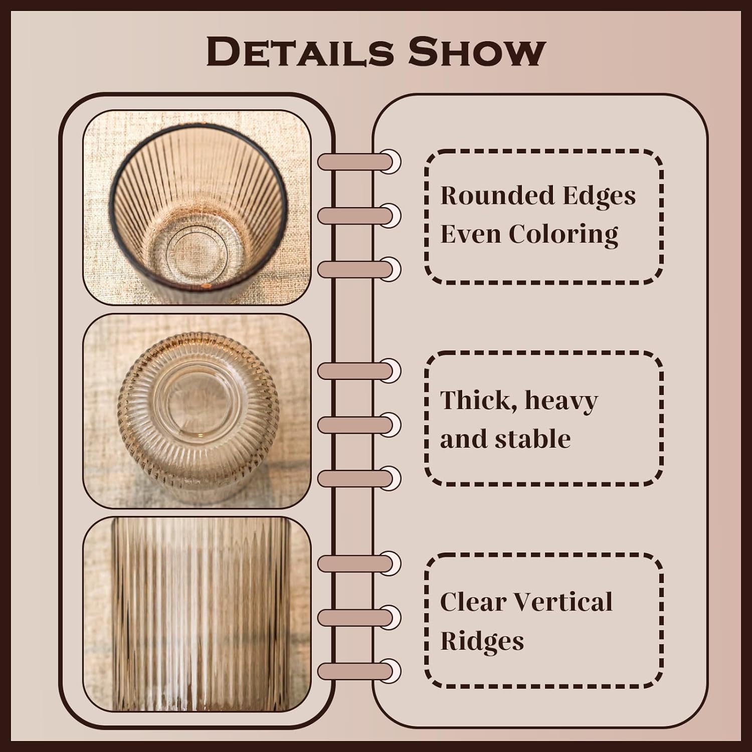 Drinking Glasses, Smoky Gray Highball Glasses Set of 6, Ribbed Glassware Glass Cups, Water Glasses for Juice, Iced Coffee Cups, Cocktail Glasses - Christmas Gifts - 8.5 oz