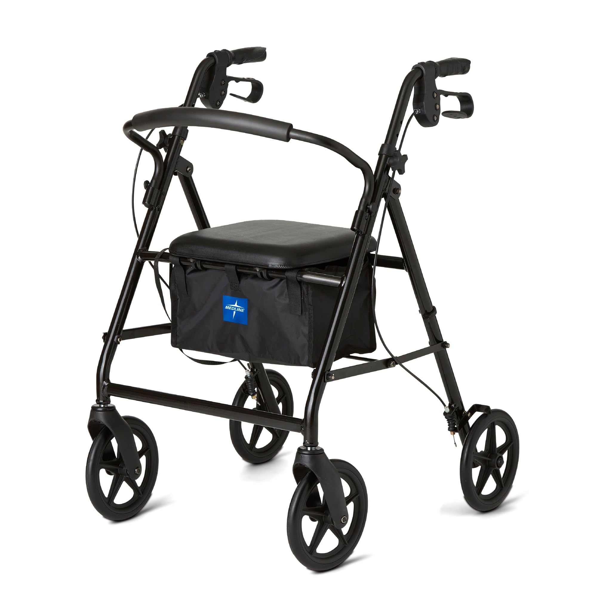 Medline - Andador de aluminio con asiento, plegable para movilidad con ruedas de 8 pulgadas, color negro