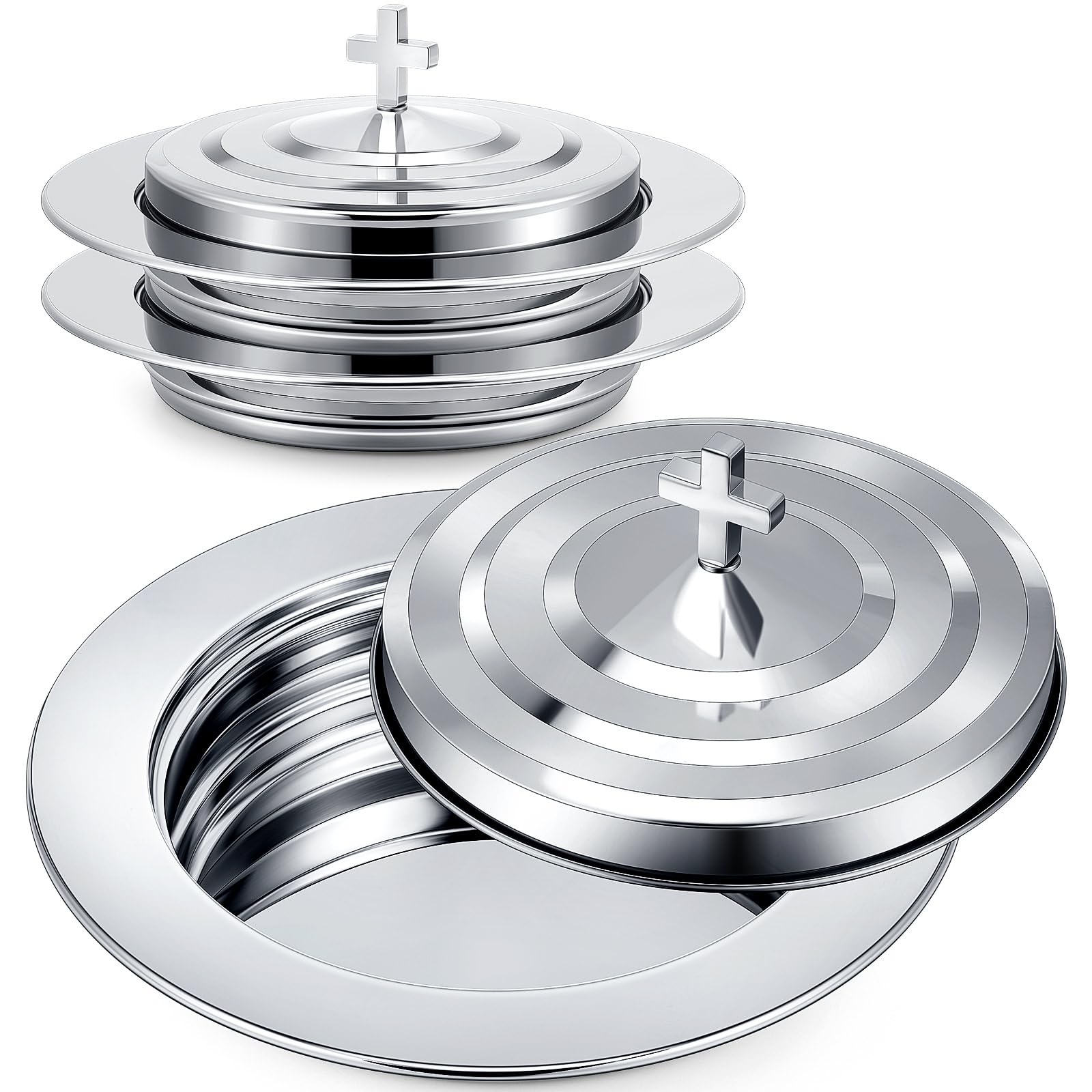 Zhehao 2 Plates Silver Communion Set, Holy Trays with Lid, Stainless Steel Bread Tray Plates for Churches, Holy Communion Tray with Cover, Polished Church Supplies Ware Sets