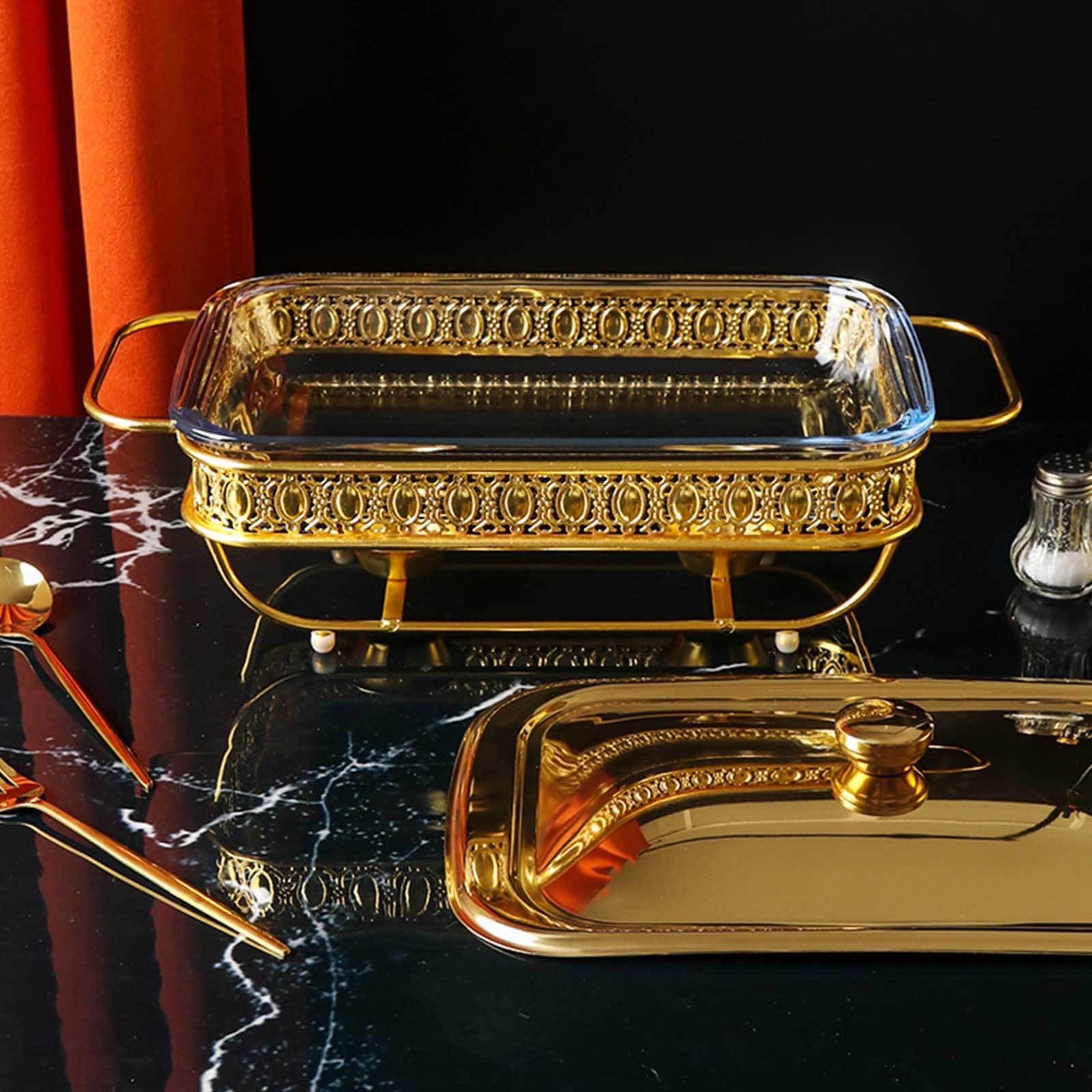 Chafing Dish in acciaio inox per buffet, set completo per buffet con vaschetta per l'acqua, vaschetta per il cibo, contenitore per combustibile e coperchio per buffet, matrimoni, feste, oro-1,8 QT