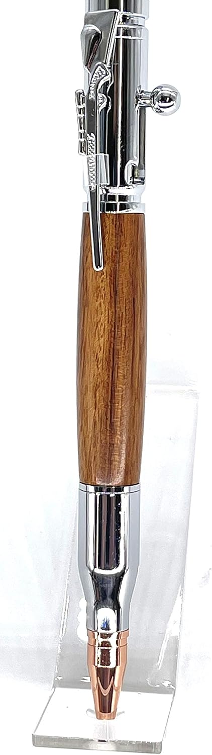 (1 Pen) 30 Caliber CHROME Bolt Action Pen Kit Completed Pen with compass on Finial Smooth Wood Finish