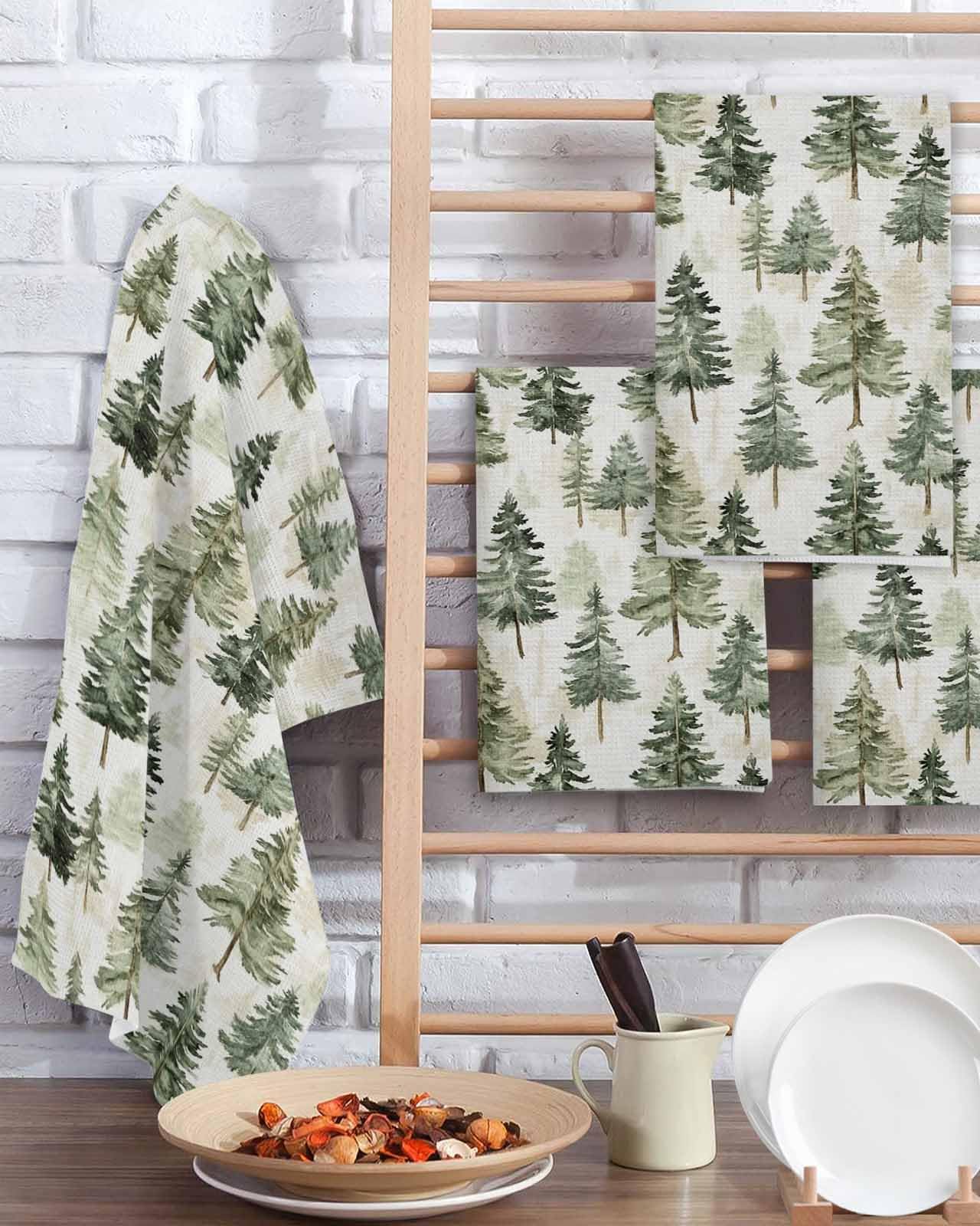 Hokiten Green Christmas Tree Waffle Kitchen Towels Dishcloths, Watercolor Xmas Tree Rustic Absorbent Dish Towels | Hand Towels for Bathroom/Bar, 16 x 24 Inch, 4 Pcs