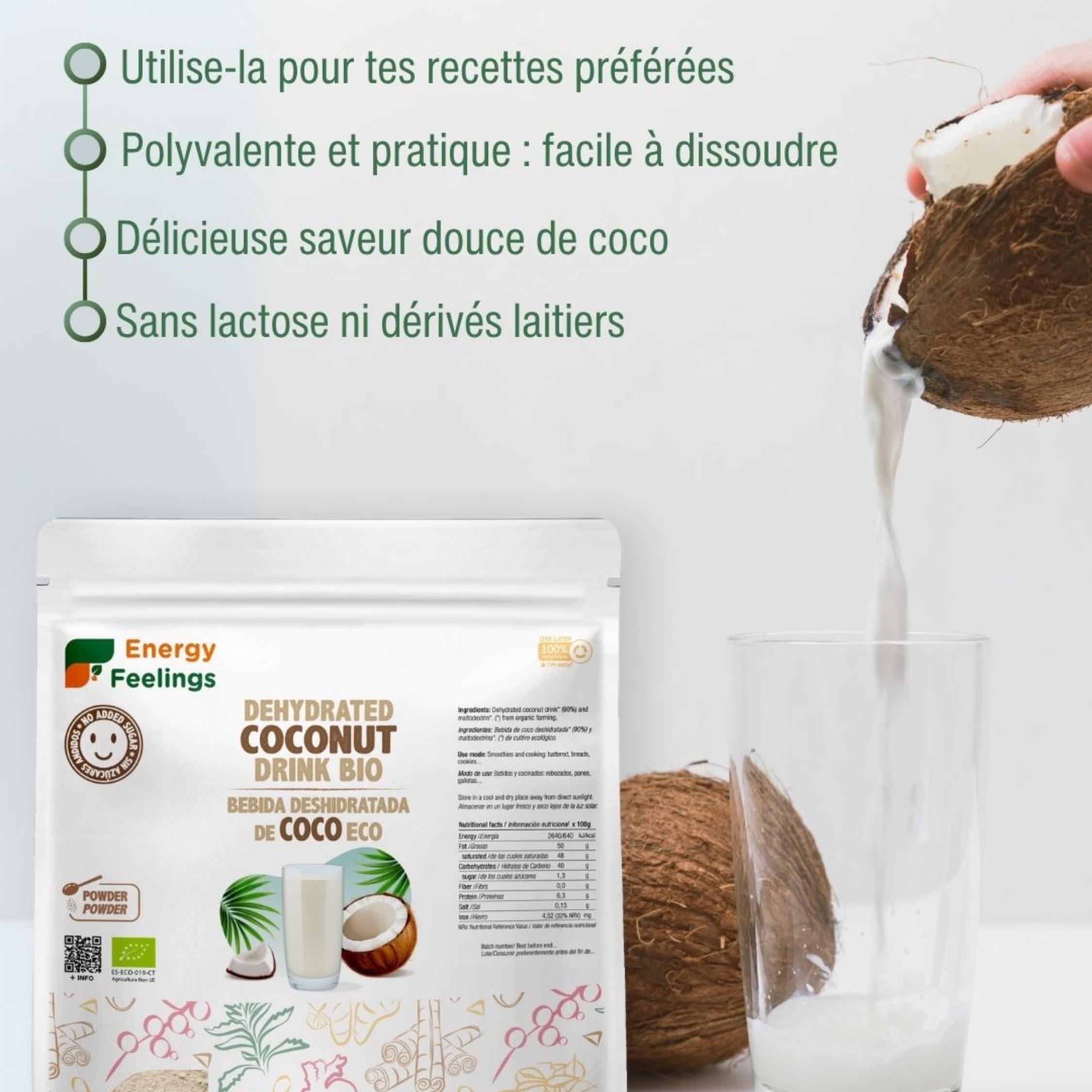 Energy Feelings Lait de Coco en Poudre Bio 1kg, Lait de Coco Bio Sans Sucre Ajouté, Sans Gluten ni Lactose, Vegan Powder, Organic