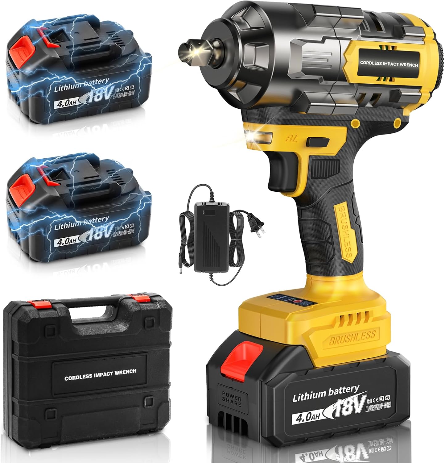 1000Nm(738ft-lbs) Cordless Impact Wrench 1/2 inch, High Torque Brushless Impact Gun w/Two 4.0AH Battery, with Storage Case, Electric Impact Wrench for Car Truck, RV/Mower