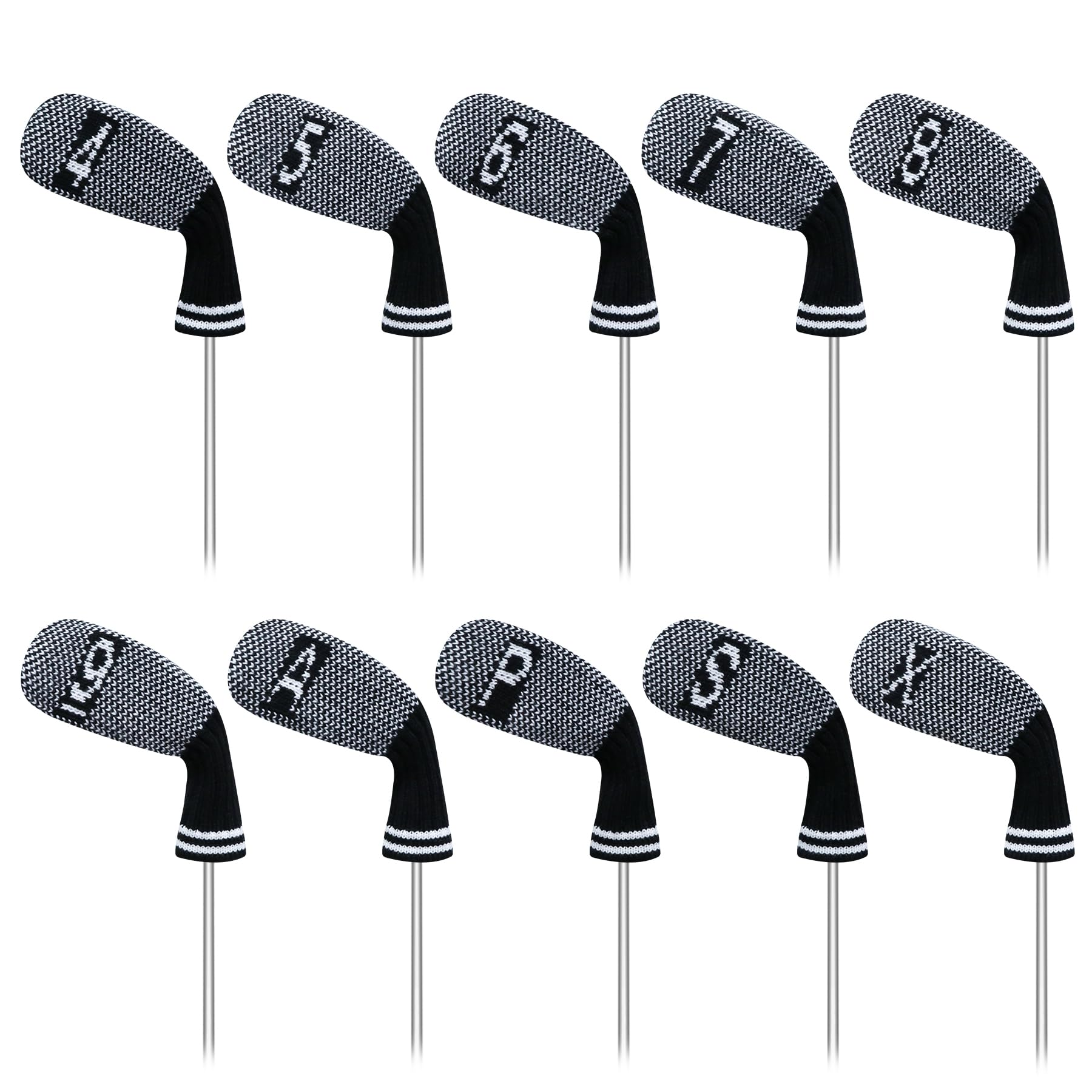 LeFeng 10 Pieces 4-9/A/P/S/X Knitted Golf Iron Head Covers Set Lightweight and Durable Material Multiple Patterns Golf Club Head Covers