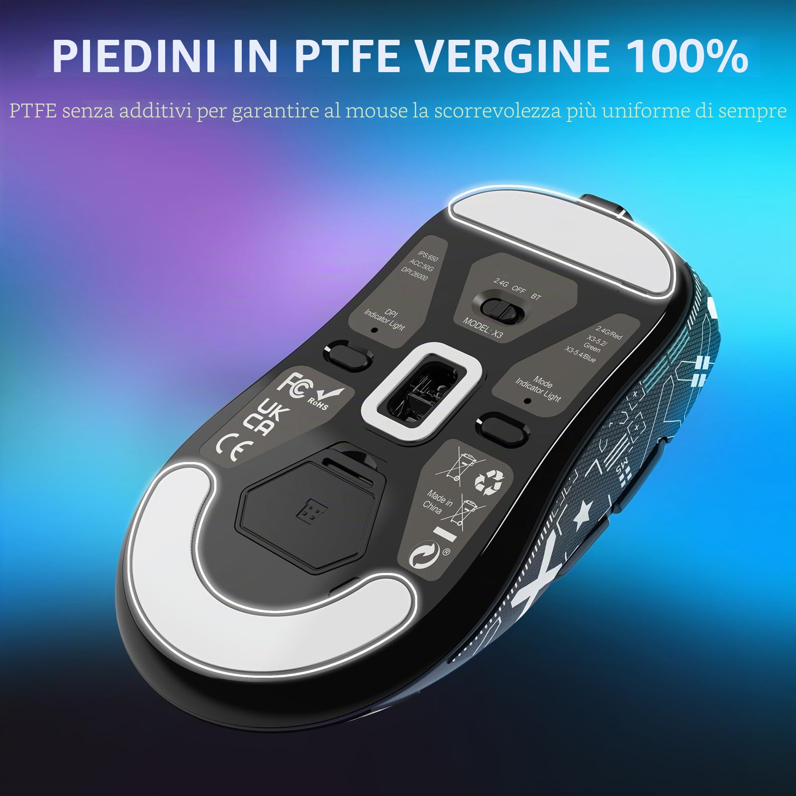 VGN GAMEPOWER ATTACK SHARK X3 SUPERLIGHT Mouse Gaming Wireless, 49g Ultraleggero Mouse da Gioco, PixArt PAW3395, 26,000 DPI, 2.4G/BT5.0/Cablato, Mouse Grip Tape, Durata Batteria 200Hrs, Nero