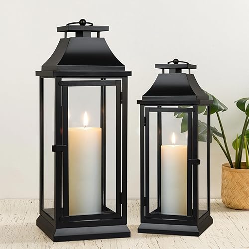 Miniatura 5 de Faroles negros de huracán con paneles de vidrio transparente, ideales para decoración del hogar, fiestas y eventos, linterna versátil de mesa o