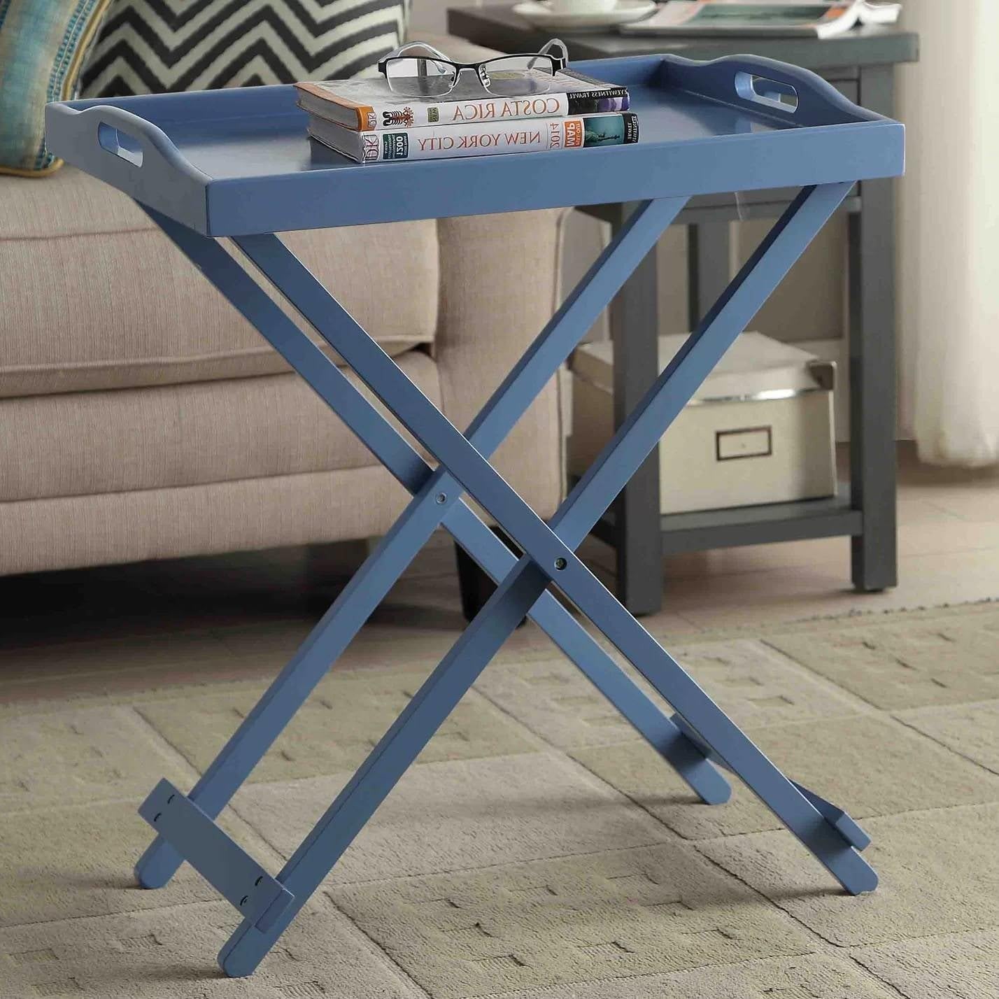 Folding TV Tray Bedside Table in Blue Wood Finish New