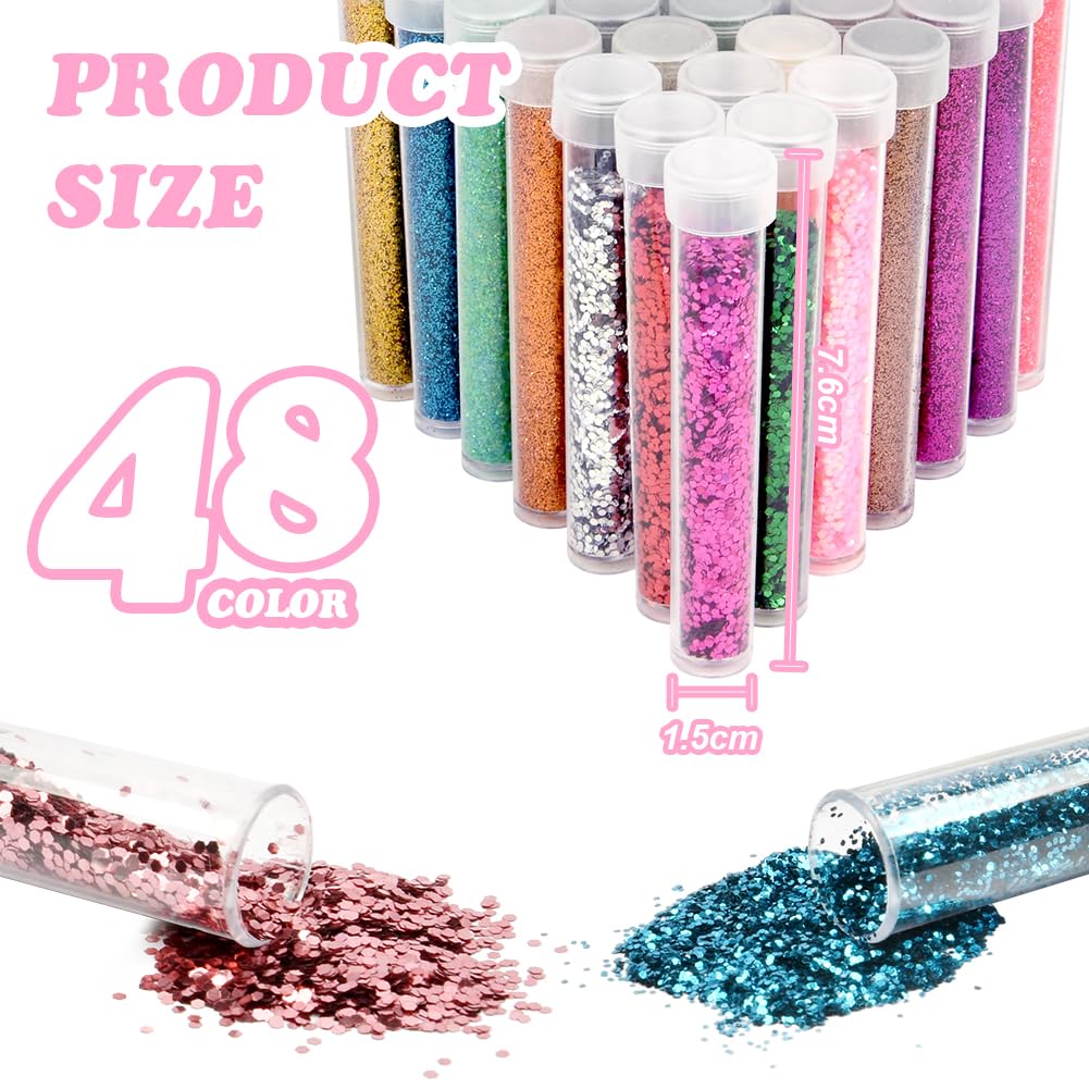 Mélange de paillettes grossières et fines, 48 Couleur Fines Paillettes Loisirs Creatifs, Mélange de paillette irisées, Poudre de Paillette pour le visage, le corps, les yeux, les ongles