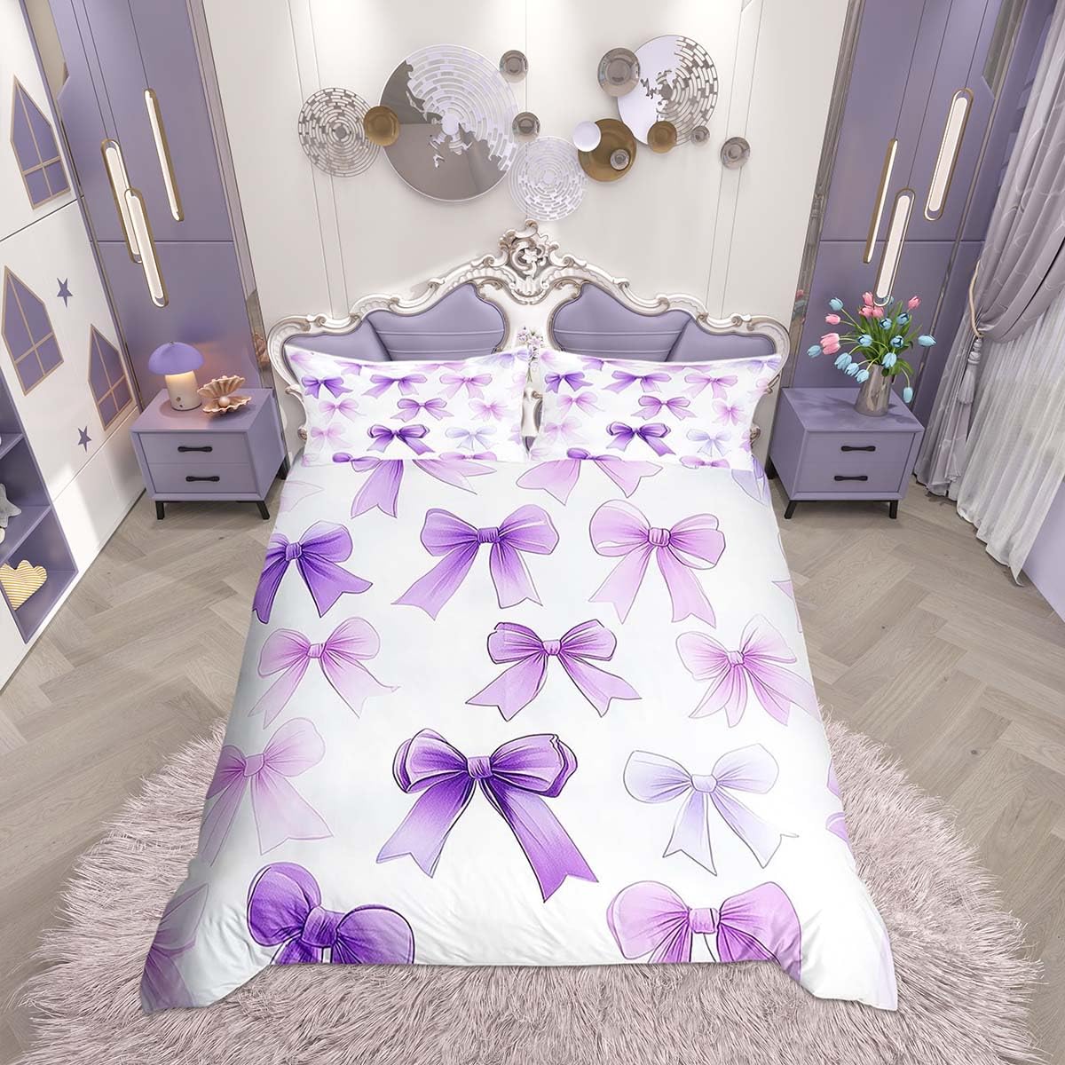 Homemissing Kawaii Purple Bow Kids Bedding Set,Boys Girls King Size,Cute Coquette Bow Knot Duvet Cover,Bowknot Ultra Soft Comforter Cover,Girly Bedclothes Princess Style Bedroom Decor — image 1