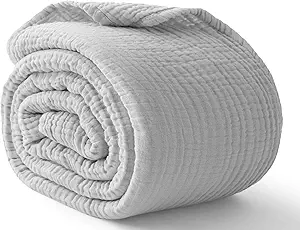 100% Cotton Muslin Blanket Queen 90" x 90", Breathable and Lightweight Cotton Throw Blanket for Bed, Soft Cooling Summer Gauze Blanket for Adults All Season, Light Grey