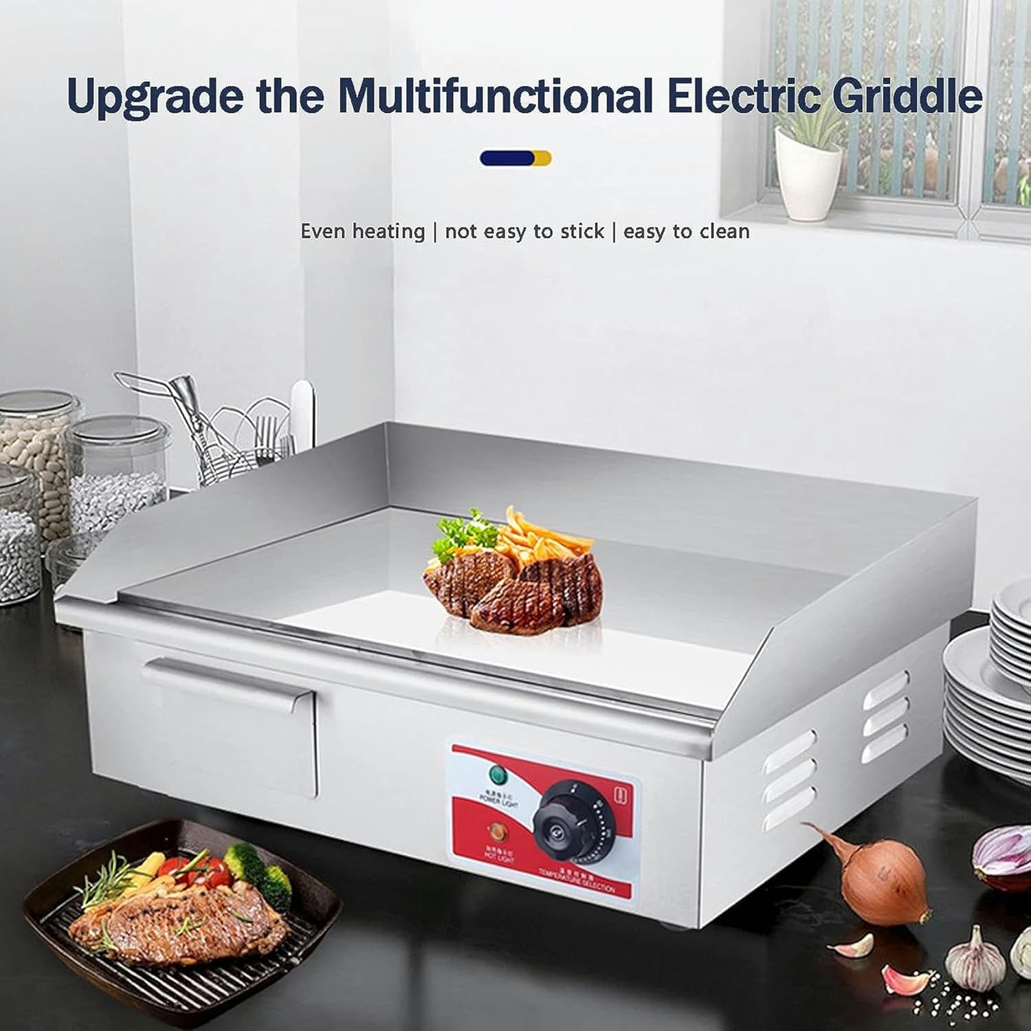 Electric Griddles, Large Commercial Stainless Steel Baking Plate with Thermostatic Control, 10mm Cooking Surface Thick, BBQ Grill Barbecue Egg Fryer, Flat Top Griddles for Kitchen Restaurant