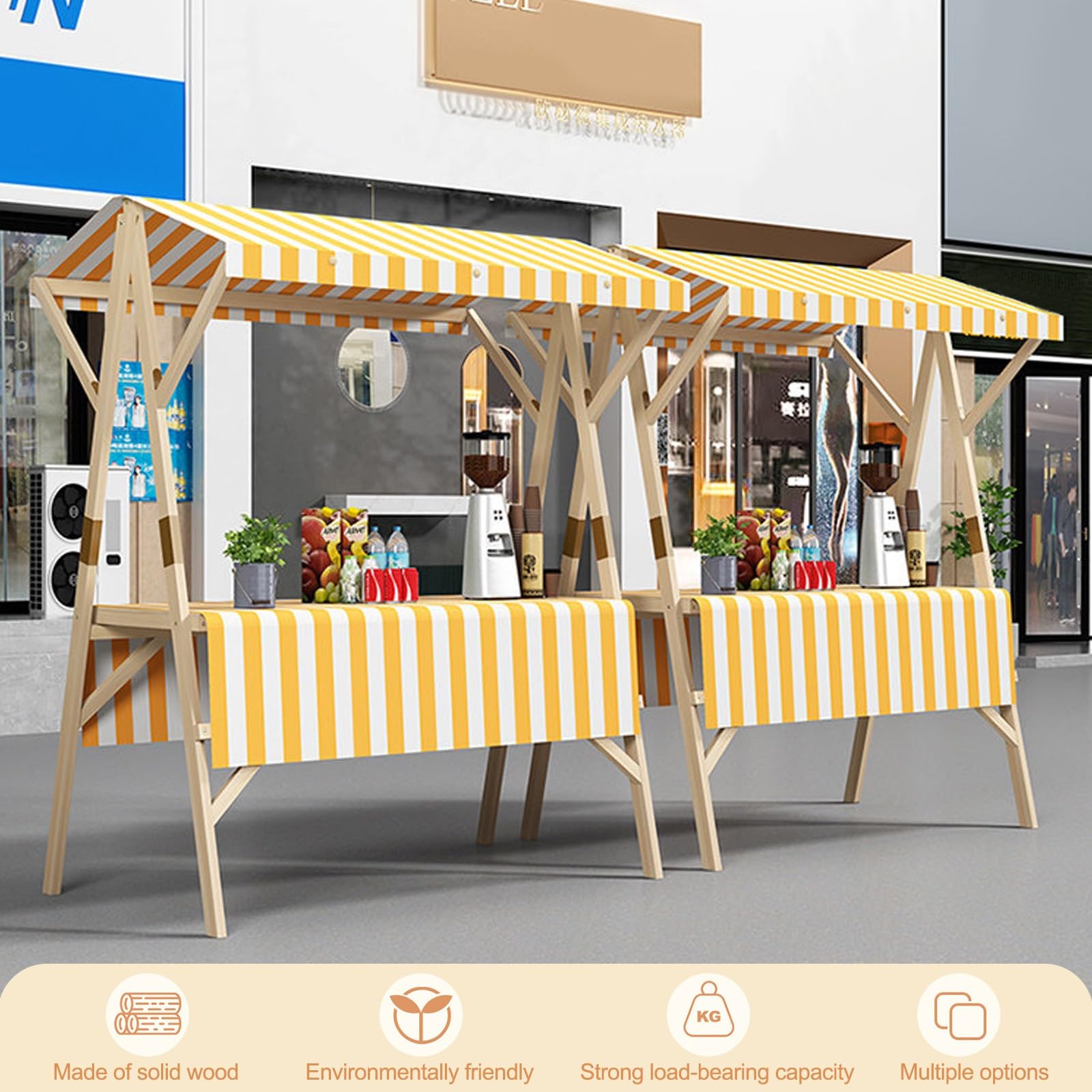 HARELA Marktstand Imbisswagen Aus Holz, Faltbarer Verkaufsstand Mit Vordach, Marktstand-Ausstellungsständer für Outdoor, Verkaufsstand Für Hotdogs, Eis Und Snacks(White,150cm/59in)
