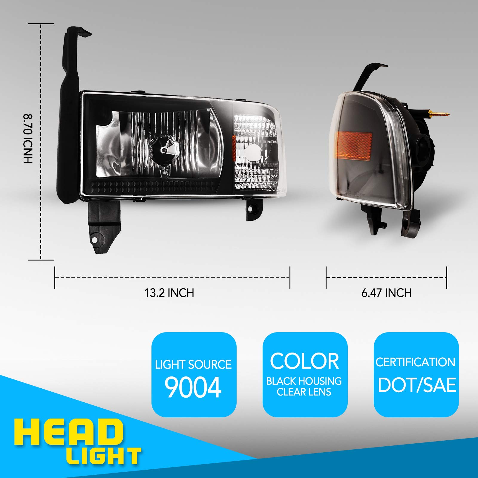 Pair Of Black Headlight Assemblies For 1994-2001 Dodge Ram 1500/2500/3500 – Halogen, Plug & Play