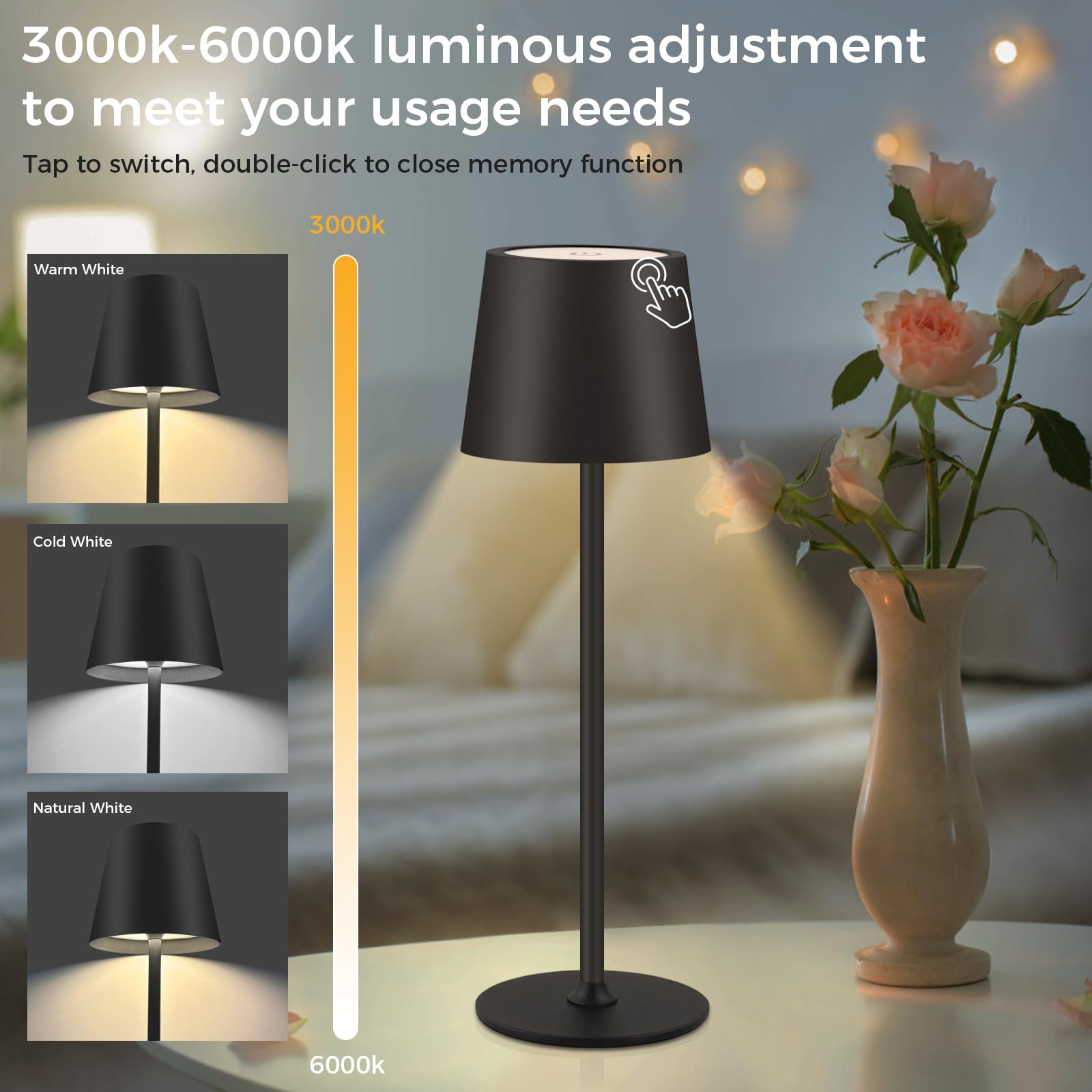 CNMTCCO Bezprzewodowa lampa stołowa, ładowana baterią 5200 mAh, regulowana wysokość, 3 temperatury barwowe, możliwość ściemniania, przenośna, wodoodporna