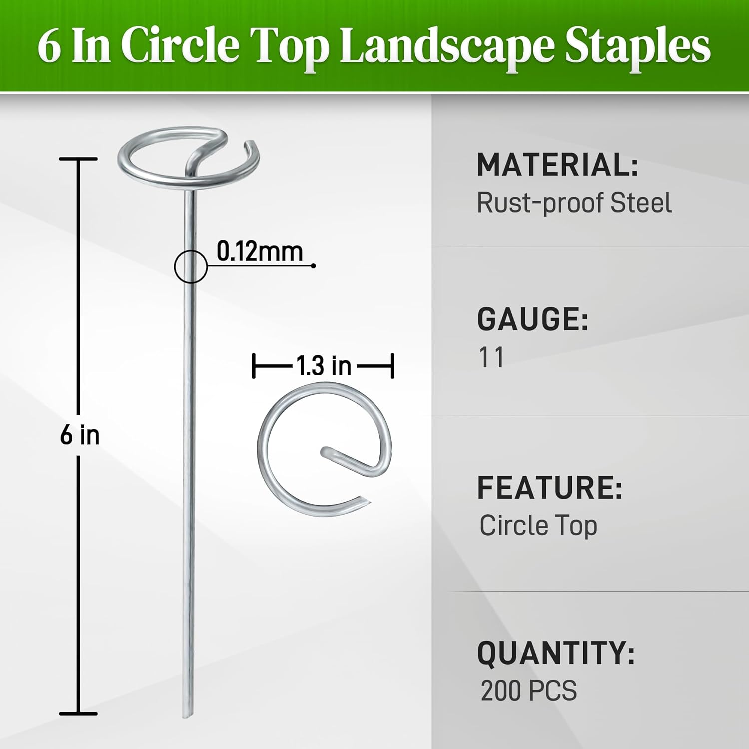 Quibbay 200 Pcs Circle Top Landscape Staples, 11 Gauge Landscape Fabric Pins, 6 Inch Garden Stake for Landscaping, Galvanized Landscape Fabric Stakes, Heavy Duty Ground Stakes for Lawn Weed Barrier