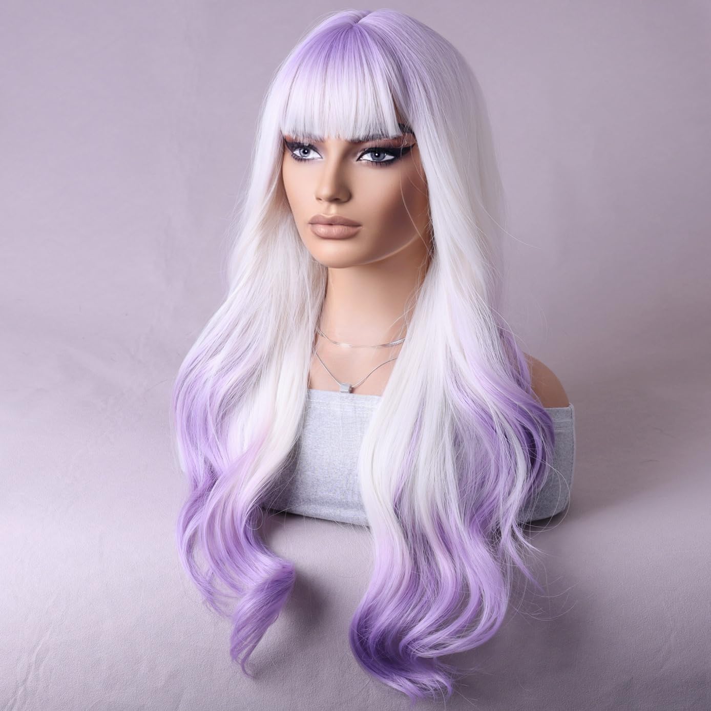 BERON Purple and White Long Wigs Curly Wavy Women's Wigs with Bangs Purple White Ombre Colorful Heat Resistant Synthetic Wigs for Cosplay or Daily Wigs Wig Cap Included