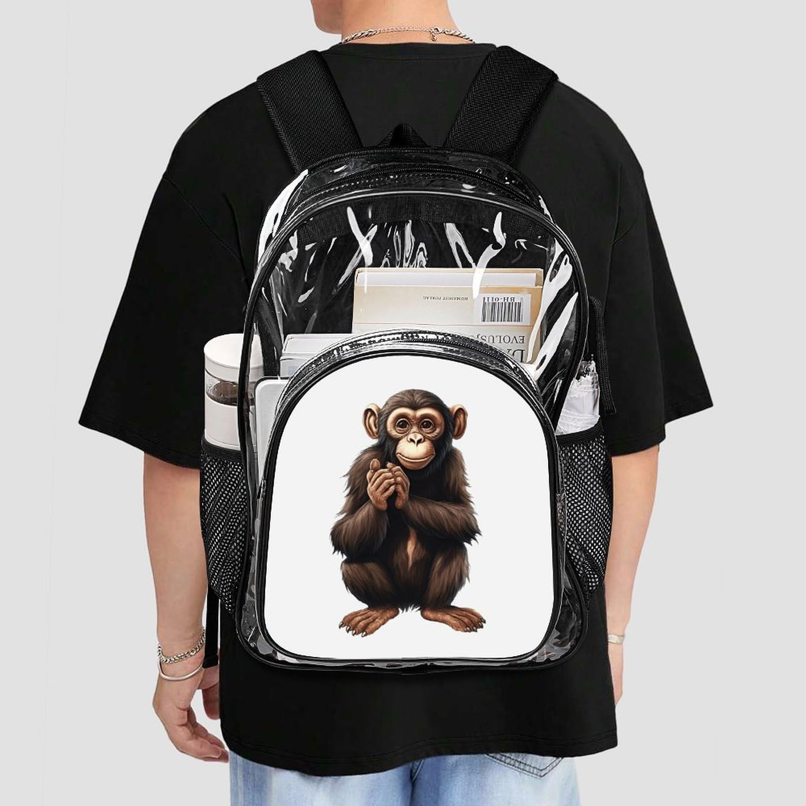 Sitting Monkey Transparenter Rucksack, groß, transparent, PVC, Büchertasche für Sicherheit, Arbeit, Reisen, Stadion
