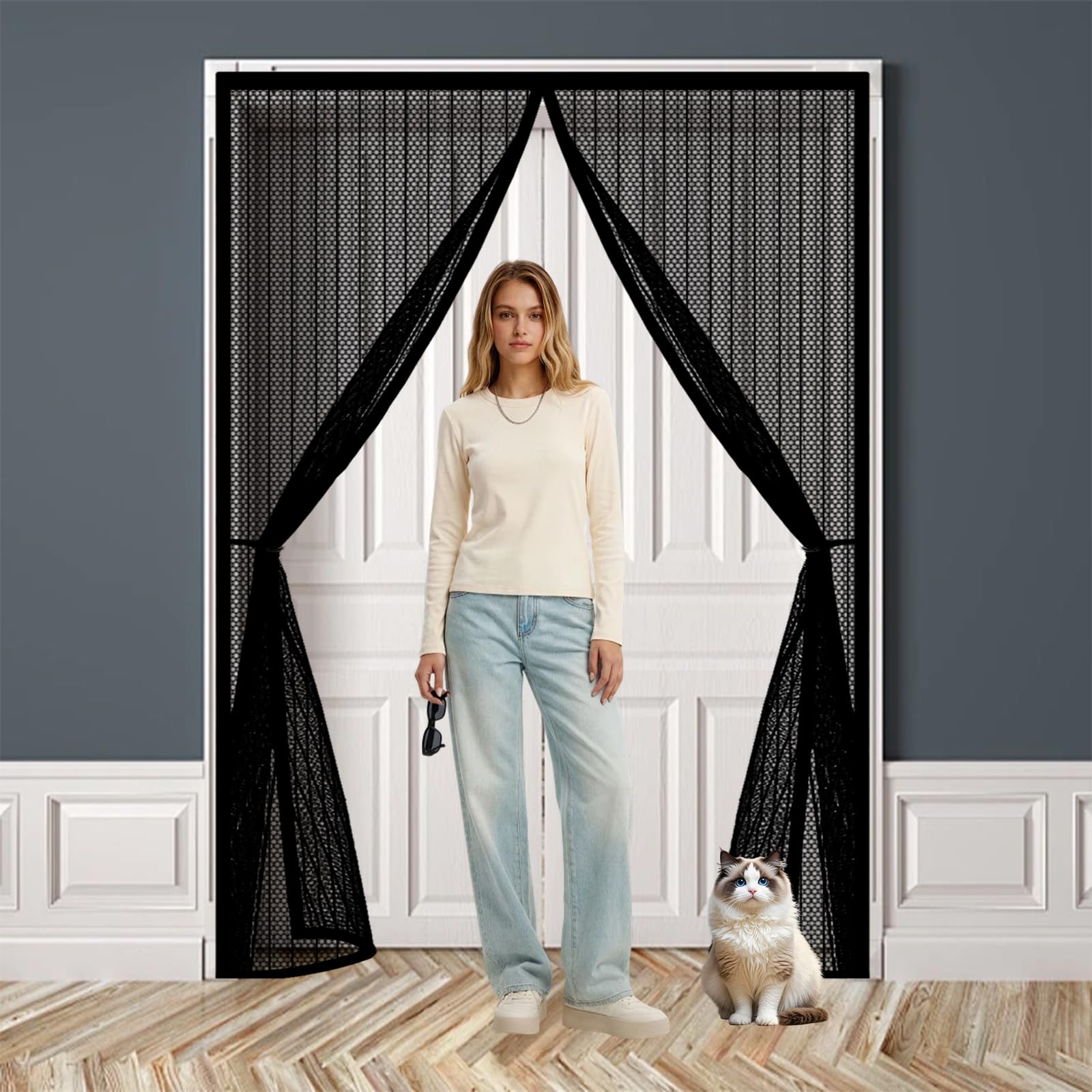 Door Fly Screen 290 x 205 cm Keep Bugs Out, Full Frame Magic Tape, Powerful Magnets, Self Sealing, No Drill Installation, Fly Screen Balcony Door for Balcony Bedroom Doors, Black