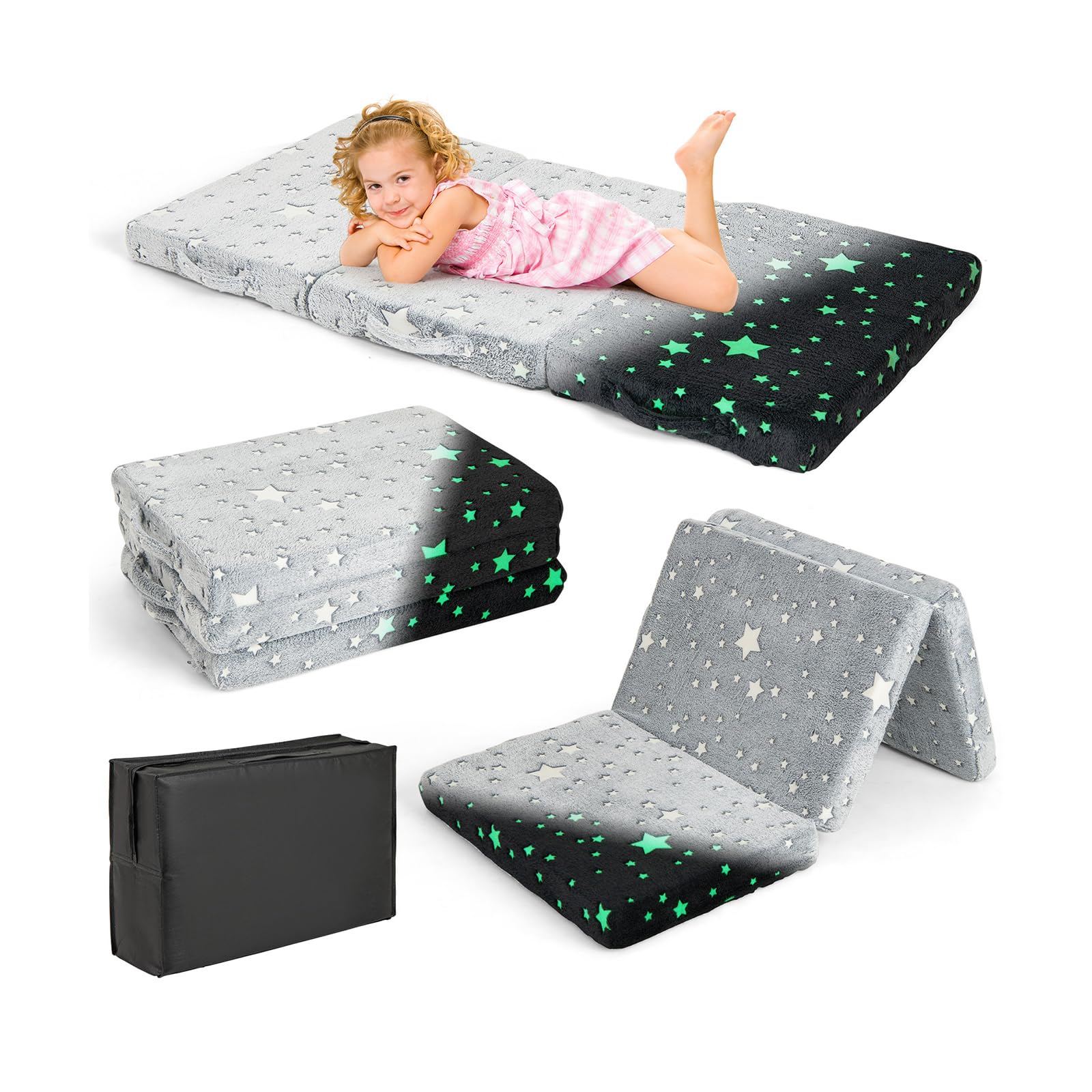 COSTWAY Colchón Cuna 122 x 61 x 7cm, Colchoneta de Suelo Plegable 3 Secciones, Estrella Brilla en Oscuridad, Funda Extraíble y Lavable a Máquina, Colchon Cuna de Viaje con Bolsa de Almacenaje
