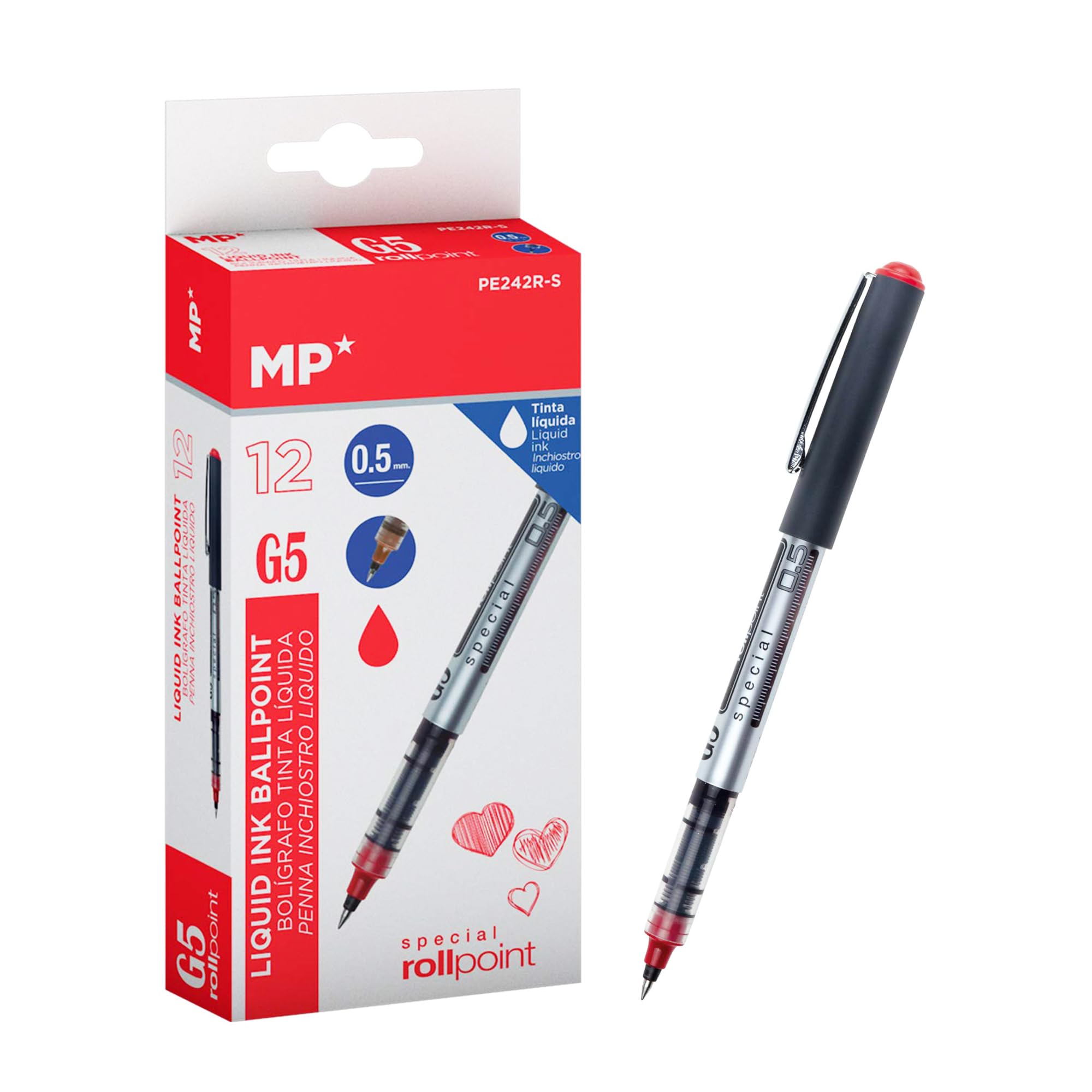 MP - Liquid Ink Pen with 0.5mm Strong Ball Tip, Suitable for School and Work Use, Pack of 12 - Red