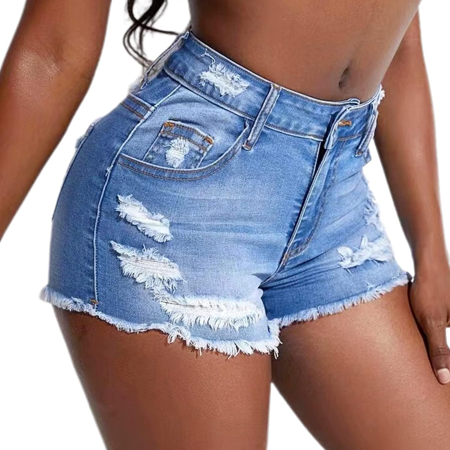 Women's Stretch Ripped Denim Shorts Mid Waist Casual Frayed Raw Hem Distressed Jean Shorts - Image 4