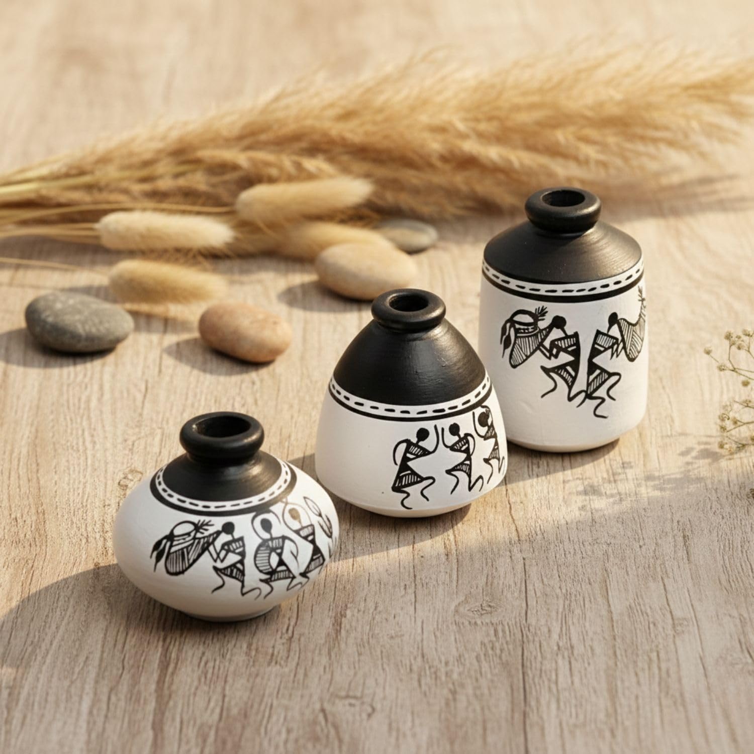 Freakway ‘Warli’ White Hand-Painted Terracotta Pots Vases for Home Decor | Flower Vase, Terracotta Decorative Showpiece Earthenware | Miniature Pots Artifacts for Living Room - (Set of 3)-image-1
