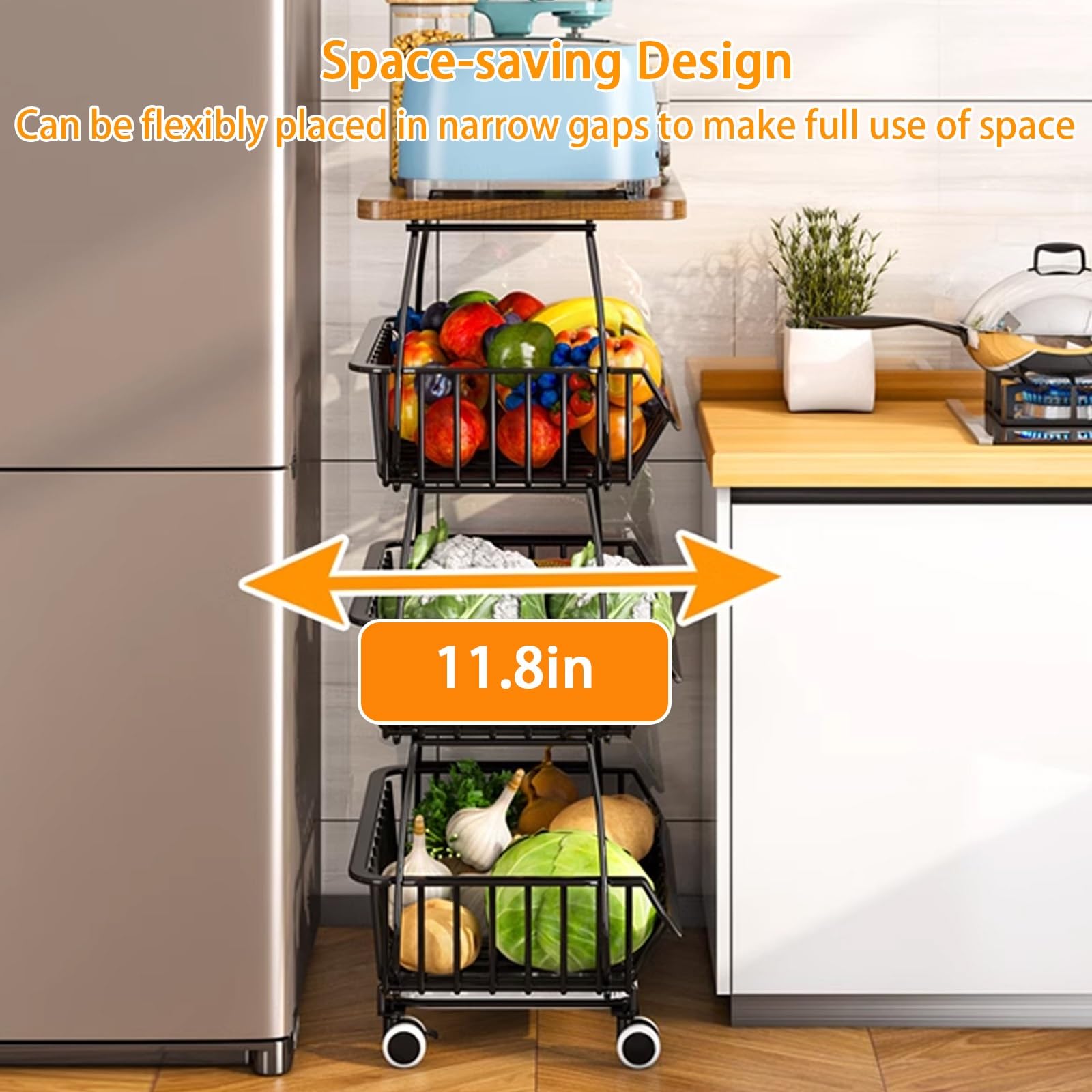 Carrello da cucina a 3 livelli con cestini portaoggetti rimovibili e ruote universali, per la casa e l'ufficio