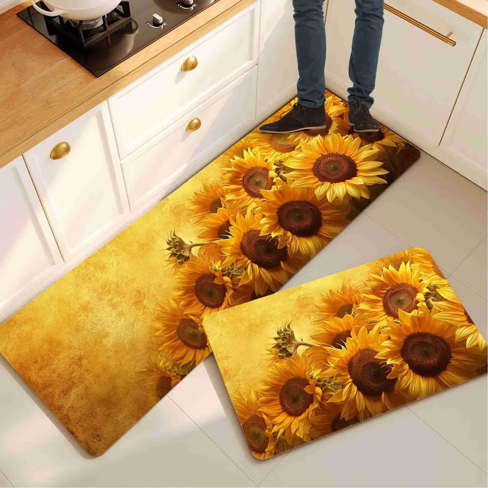 Tapis Cuisine Lot de 2 Tapis de Cuisine Antidérapant et Lavable Séchage Rapide Tapis de Sol Absorbant Tapis Couloir Tapis de Cuisine Devant Evier Tapis de Couloir Sunflower 80x120cm+80x240cm 14-1227