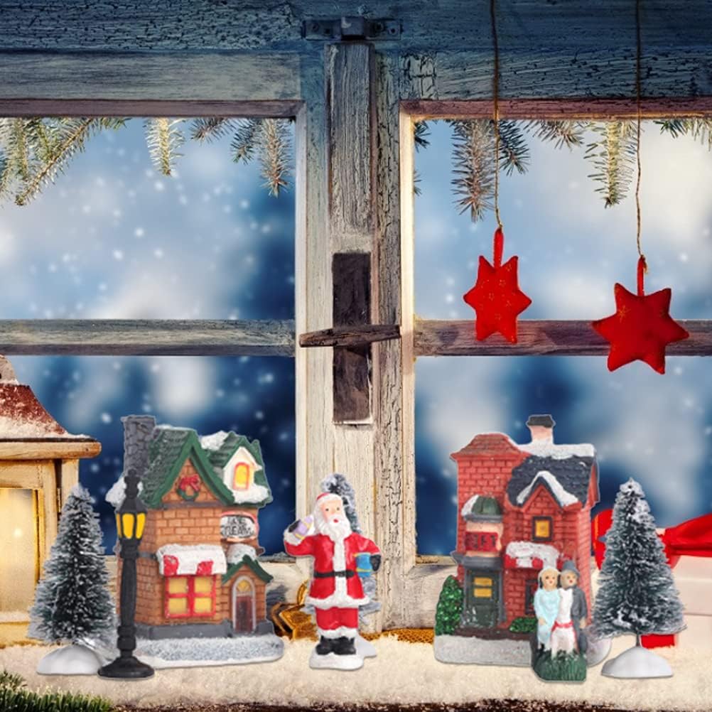 Christmas Village Set Resin Christmas Scene Village LED Lighted Miniature Houses Town Christmas Village Houses Gift (A)