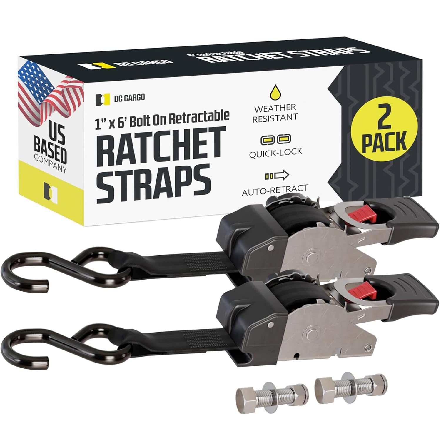 DC Cargo Mall Bolt-on Auto Retractable Ratchet Straps - (2 Pack) 1 Inch x 6 Ft - 600 lbs Break Strength - Retractable Ratchet Tie Down Straps for Boats, Jet Skis, Motorcycles, ATVs