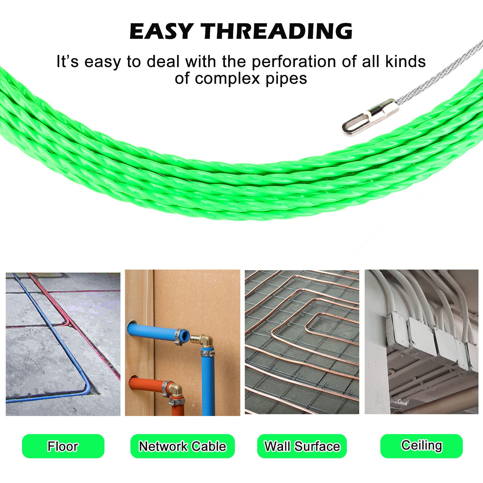 50M Aiguille Electricien, Tire Fils Electrique Aiguille Tire Fil avec 2 Ressorts de Guidage, Tire Cable Electrique Diamètre 4 mm pour Pose Conduit de Sol