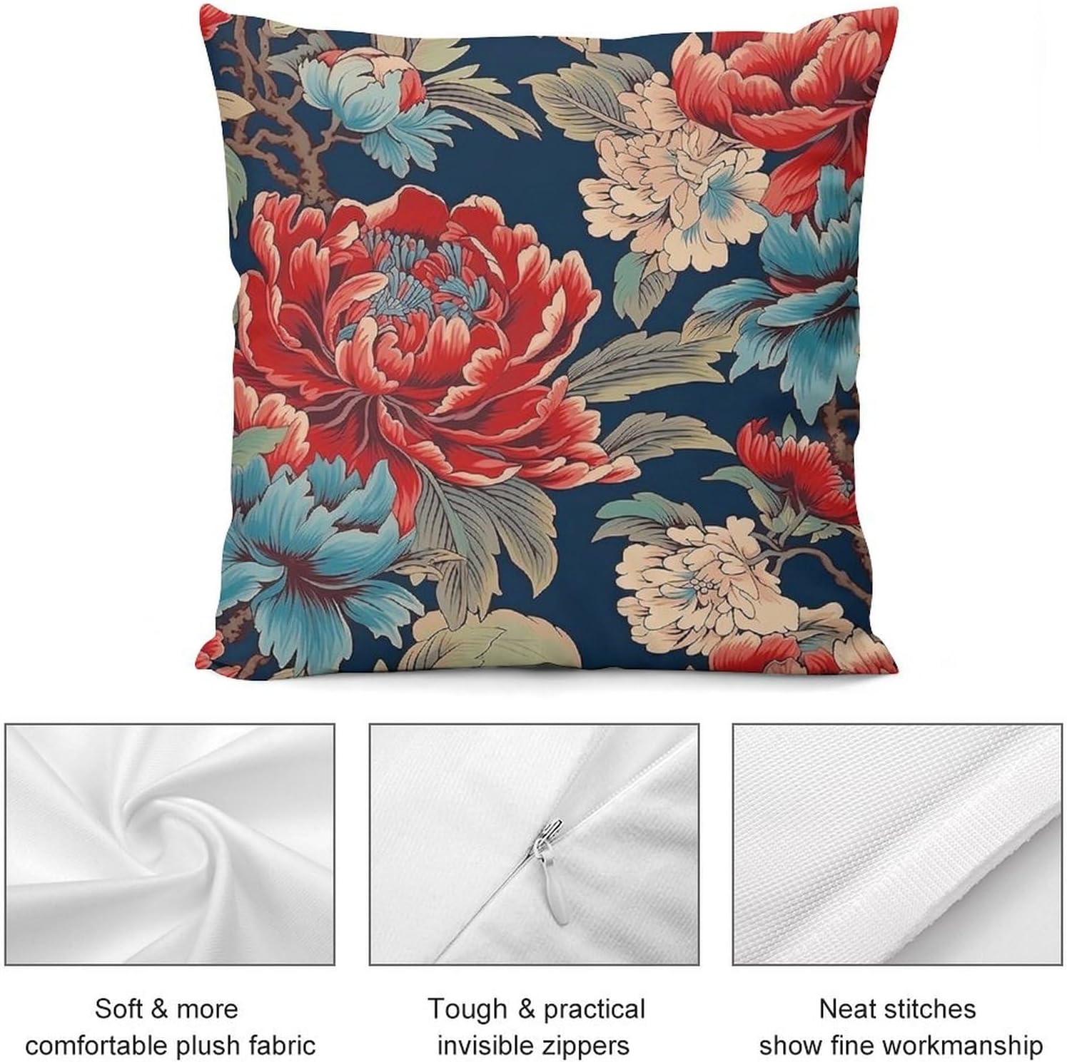 ArogGeld Chinoiserie Red Peony Floral Pillow Cover Set of 2 Peony Flower Teal Green and Red Cushion Covers Chinoiserie Double Side Velvet Pillow Cases for Sofa Living Room 24"x24"