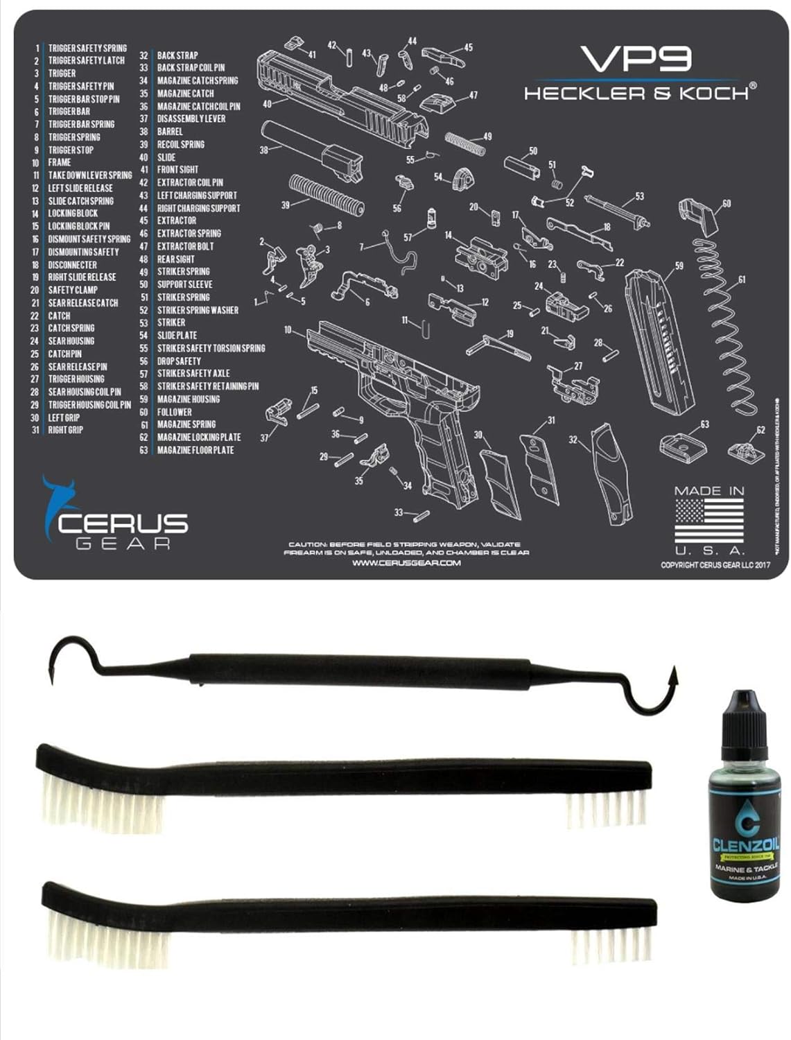 Heckler & Koch VP9 5 PC EDOG Cerus Gear Schematic (Exploded View) Heavy Duty Pistol Cleaning 12x17 Padded Gun-Work Surface Protector Mats Solvent & Oil Resistant & 3 PC Cleaning Essentials & Clenzoil