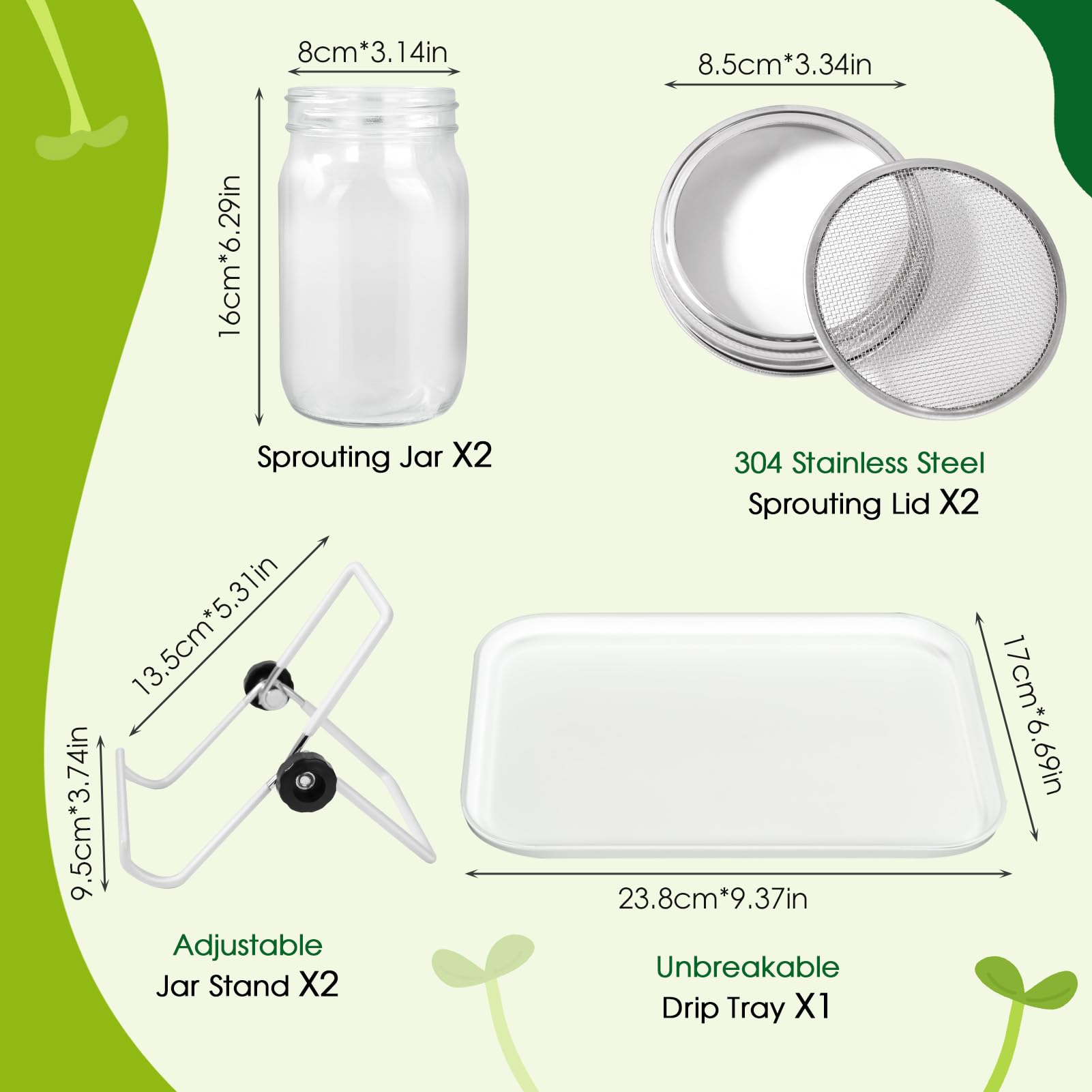 FoiiLiio Kit de Germinador de Semillas, 2 x 1000ml Frascos de Germinación, Incluye 2 Tapas de Colador de Acero Inoxidable, 2 Soportes, 1 Blanco Bandeja, Conjunto de Germinador