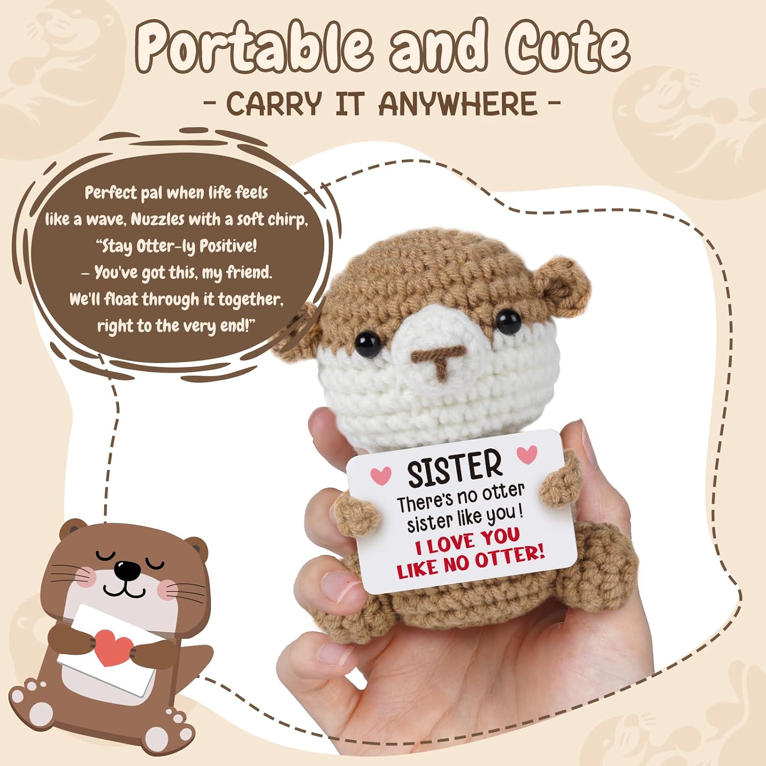Funny Gifts for Sister, Birthday Gift for Sister, Sisters Gift from Sis, Inspirational Stress Relief Gifts - Cute Handmade Crochet Otter Presents for Sisters.