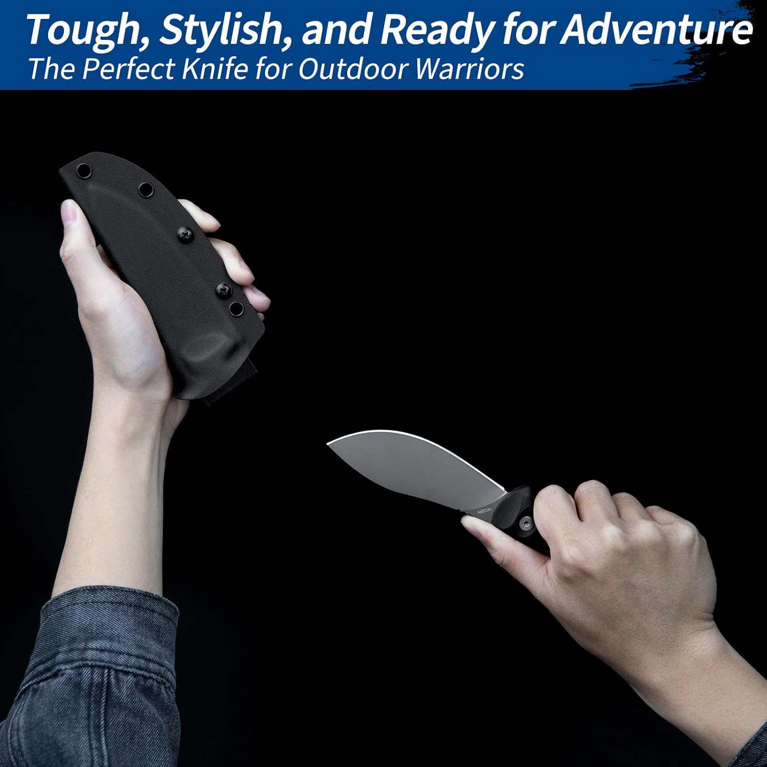 FINTISO Nazar Fixed Blade Knife with Kydex Sheath, 4.24" 14C28N Blade Black G10 Handles, Titanium-coated, Full Tang Design, Lanyard, for Men Outdoor Activities, Camping, Hiking, EDC Carry.