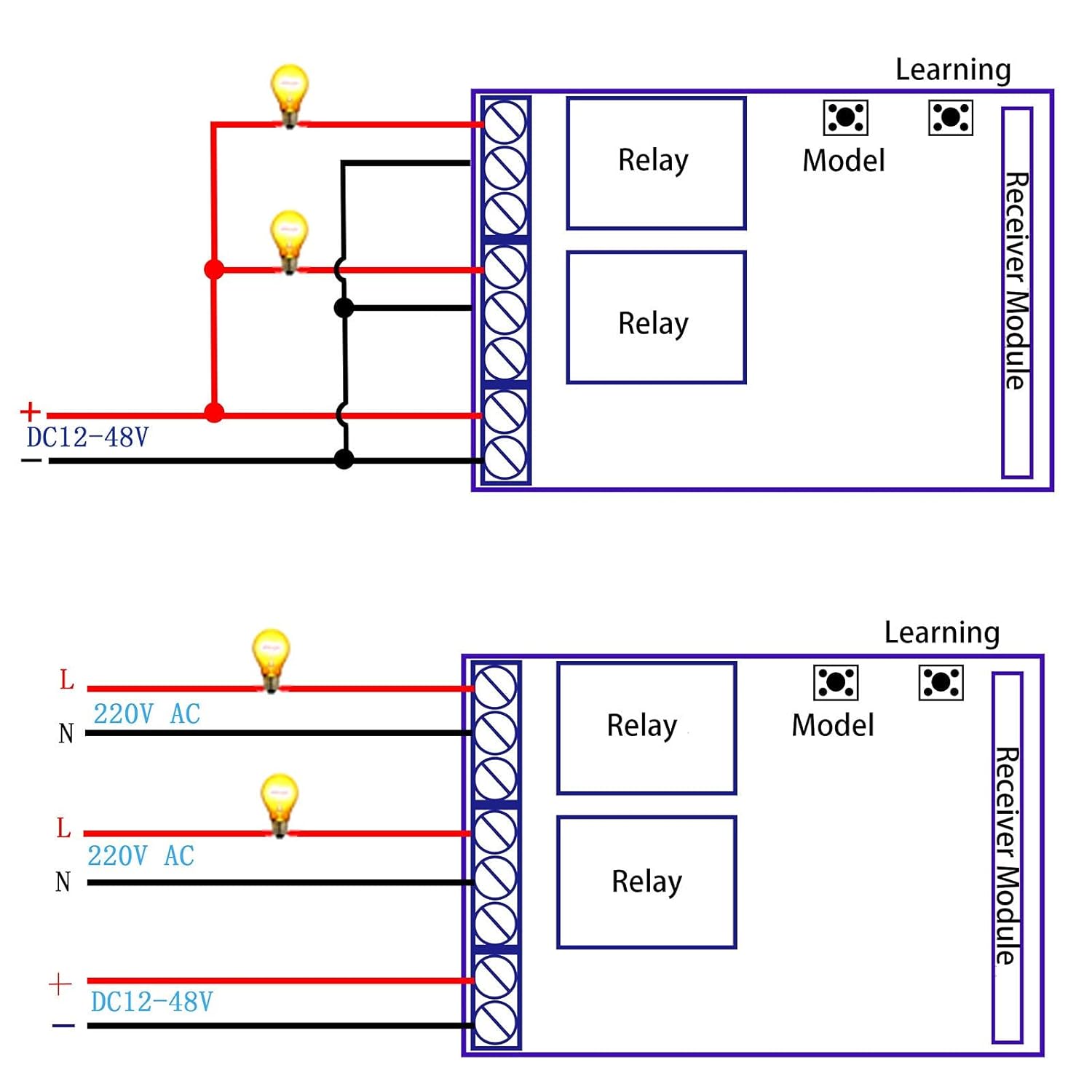 Wiring diagrams for UHPPOTE 2-Channel RF Wireless Remote Control Switch