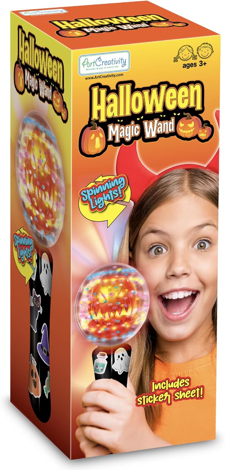 ArtCreativity Halloween Magic Ball Light Up Wand with Ghoulish Figure - 7.5" - Magic Ball with Multicolored LED Lights, Sensory Spinner for Kids, Halloween Boo Basket Stuffers, Autism-Friendly Gift