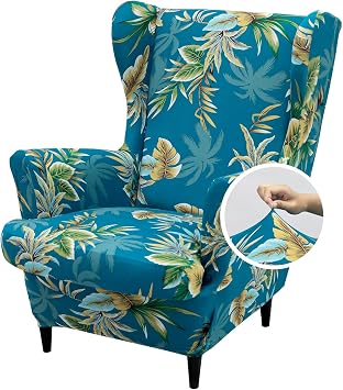 Morbuy Wingback Chair Covers 2 Piece Wingback Chair Slipcover, Floral Stretch Wingback Chair Cover, Wing Back Chair Covers with Arms, Washable Chair Covers for Living Room Armchair Aquamarine